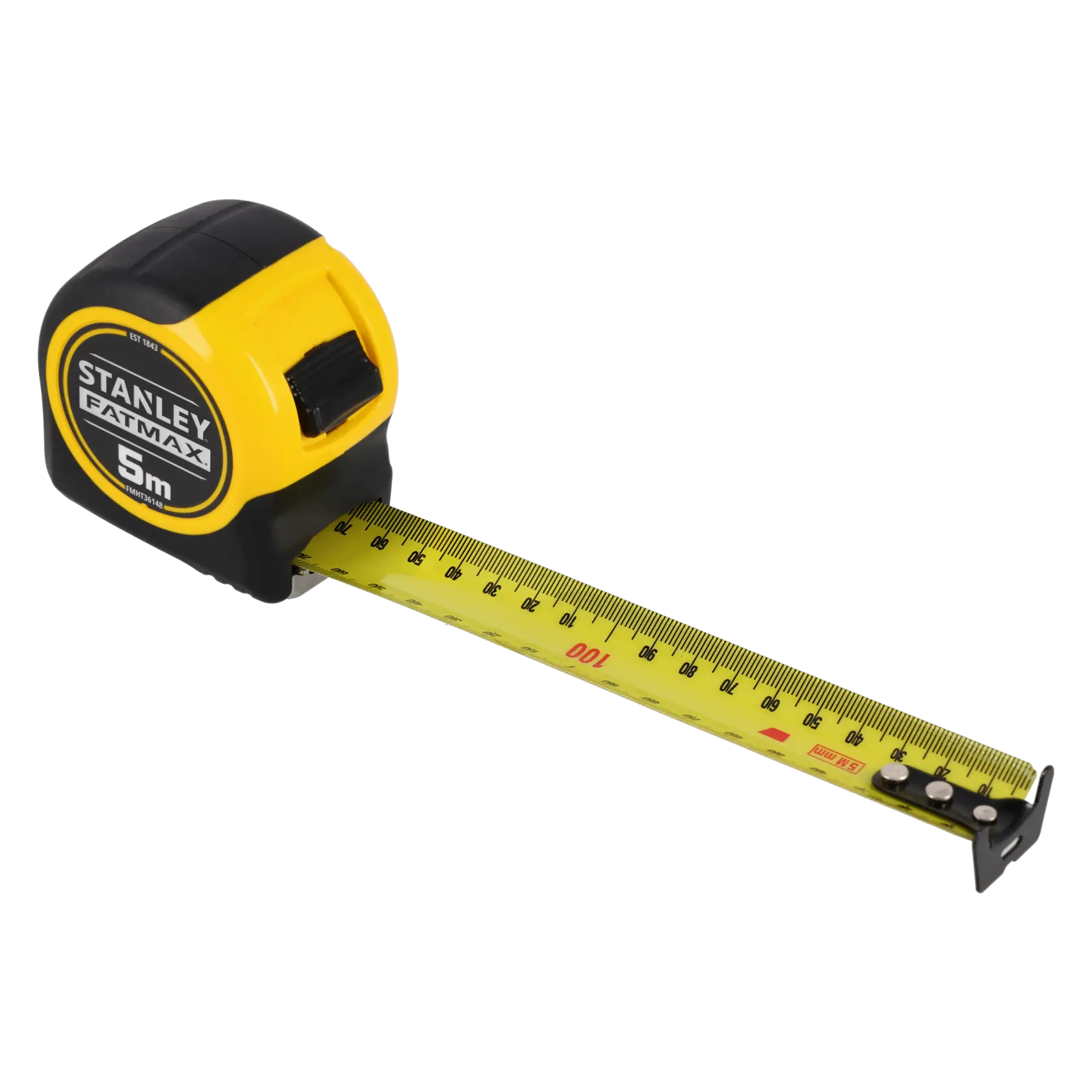 STANLEY FMHT36148-3 yellow and black tape measure, 5m, shown extended, side angle, photography.