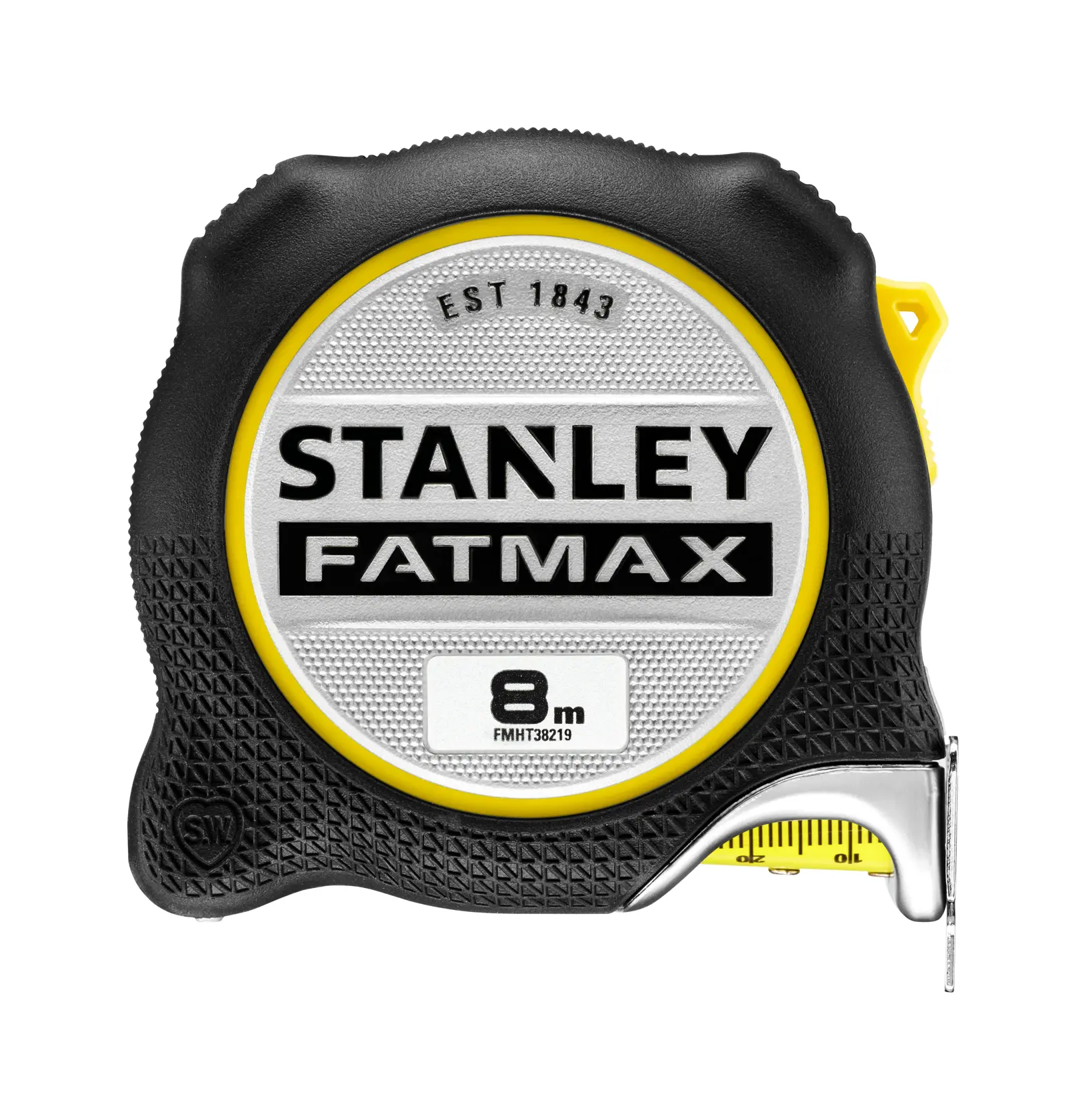 Photo of STANLEY FatMax tape measure, SKU FMHT38219-3, 8m, front view, black and yellow casing.
