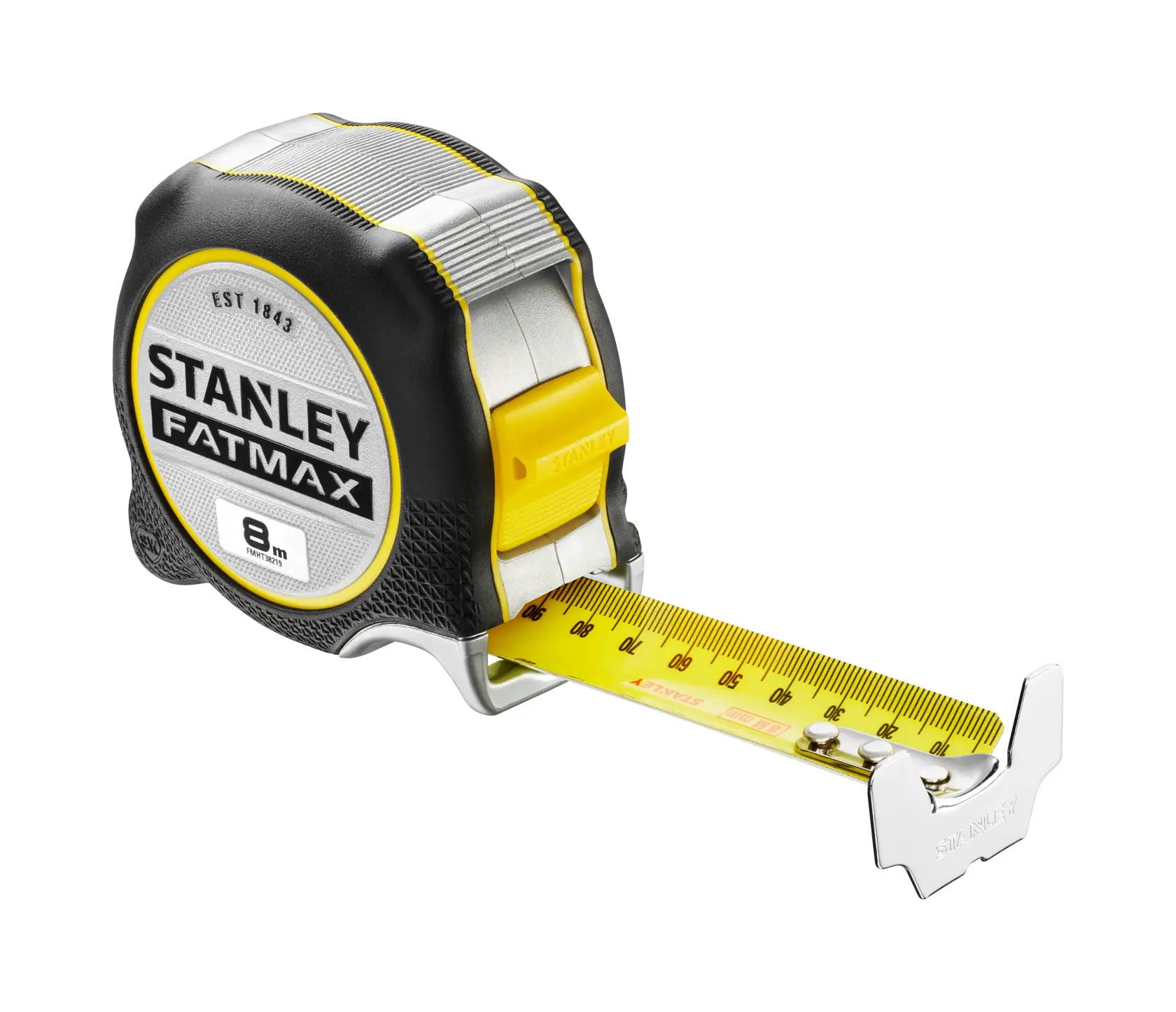 STANLEY FMHT38219-3 tape measure, 8m length, black and yellow, side angle, extended yellow blade.