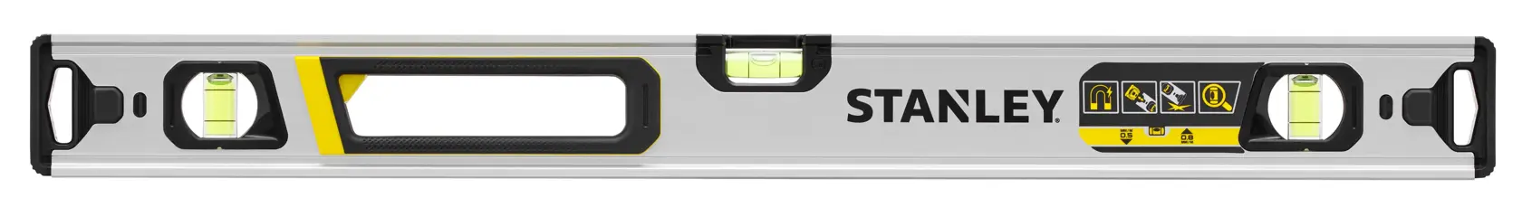 Photo of STANLEY FMHT43673-1 spirit level, silver with black and yellow accents, front view on white background.