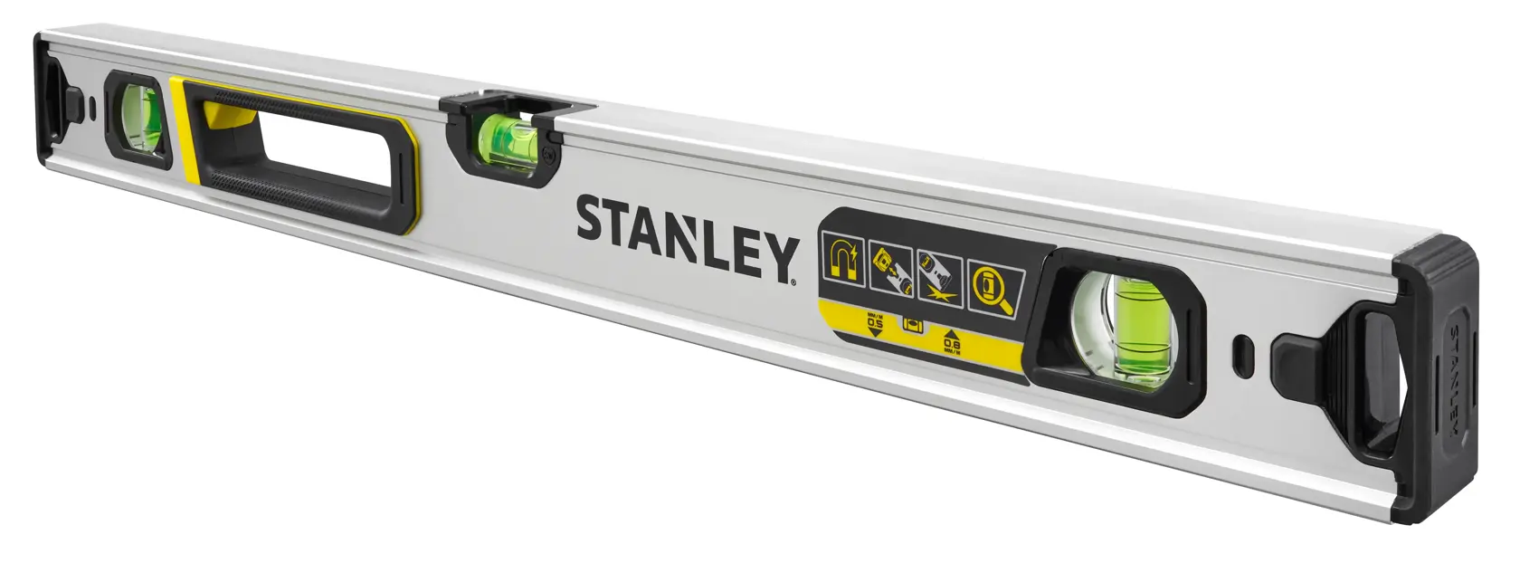 STANLEY FMHT43673-1 spirit level with three vials, silver body, black and yellow accents, angled view.