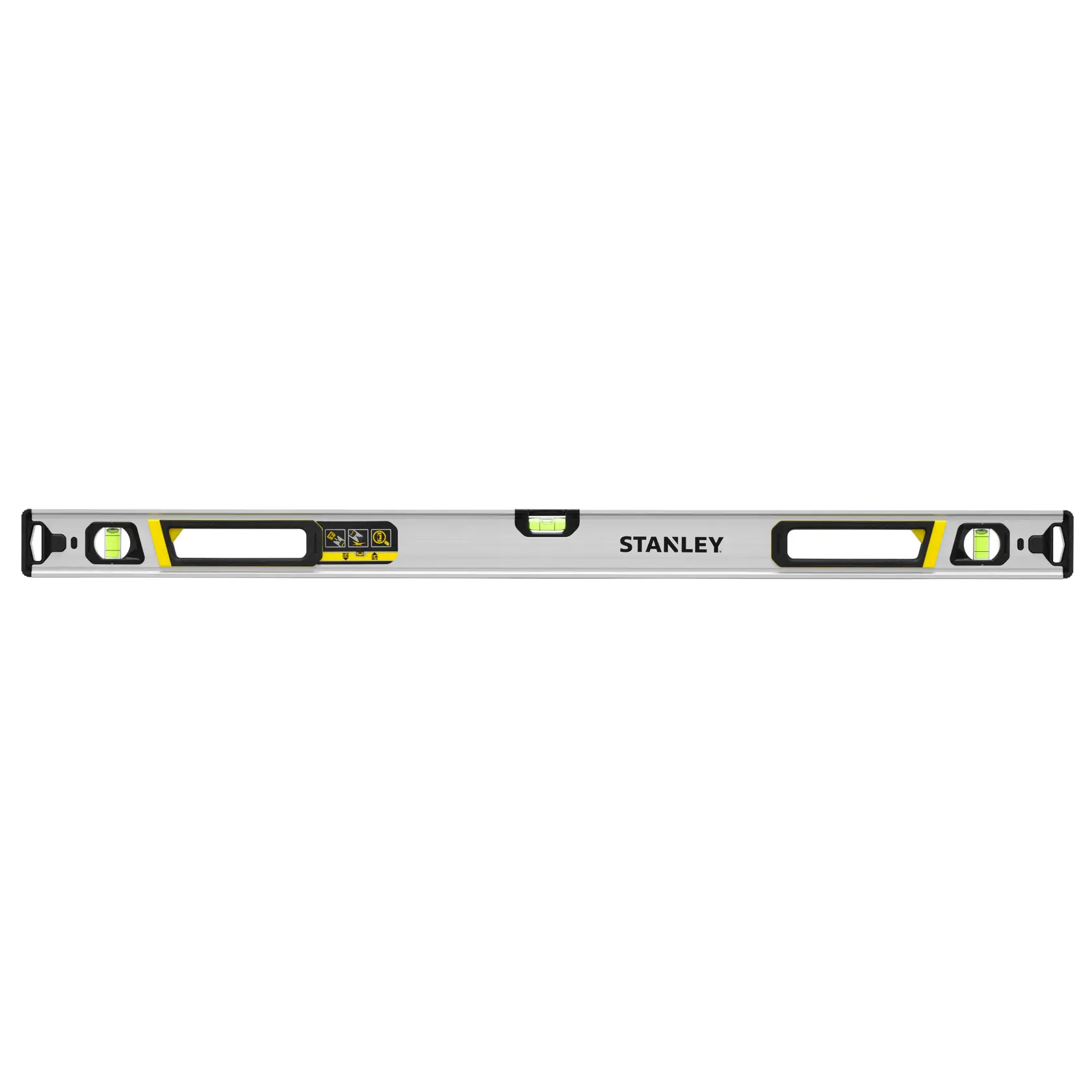 STANLEY FMHT43674-1 aluminum spirit level, front view, with three bubble vials and yellow-black accents.