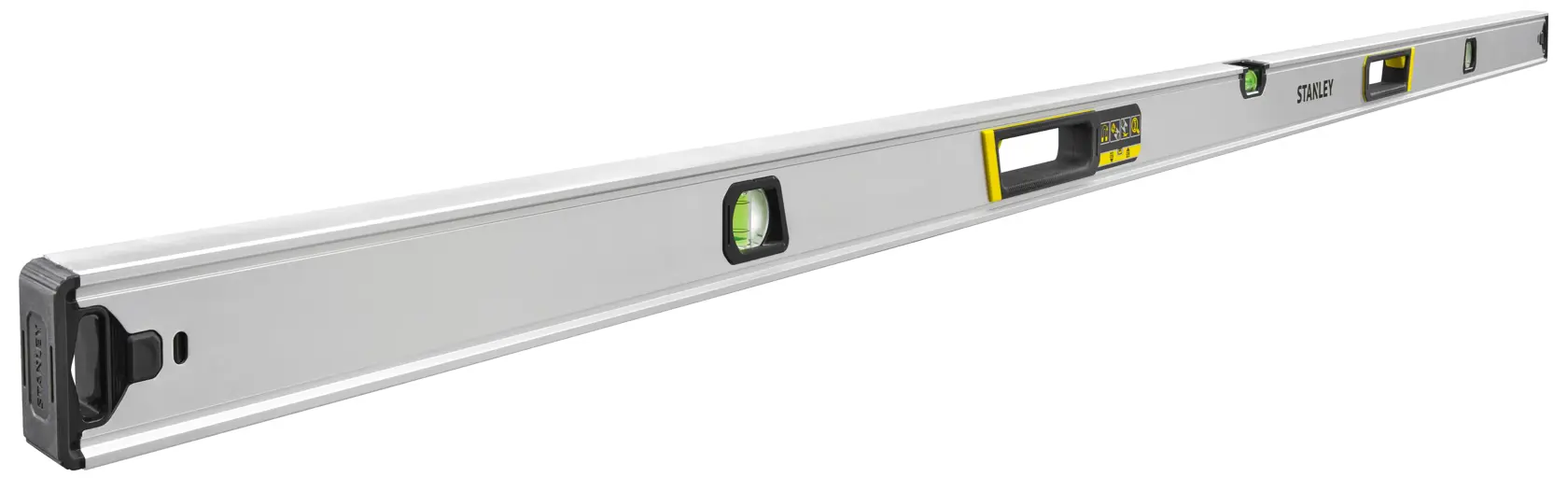 STANLEY FMHT43679-1 aluminum spirit level, straight angle, silver body with vial windows, white background.