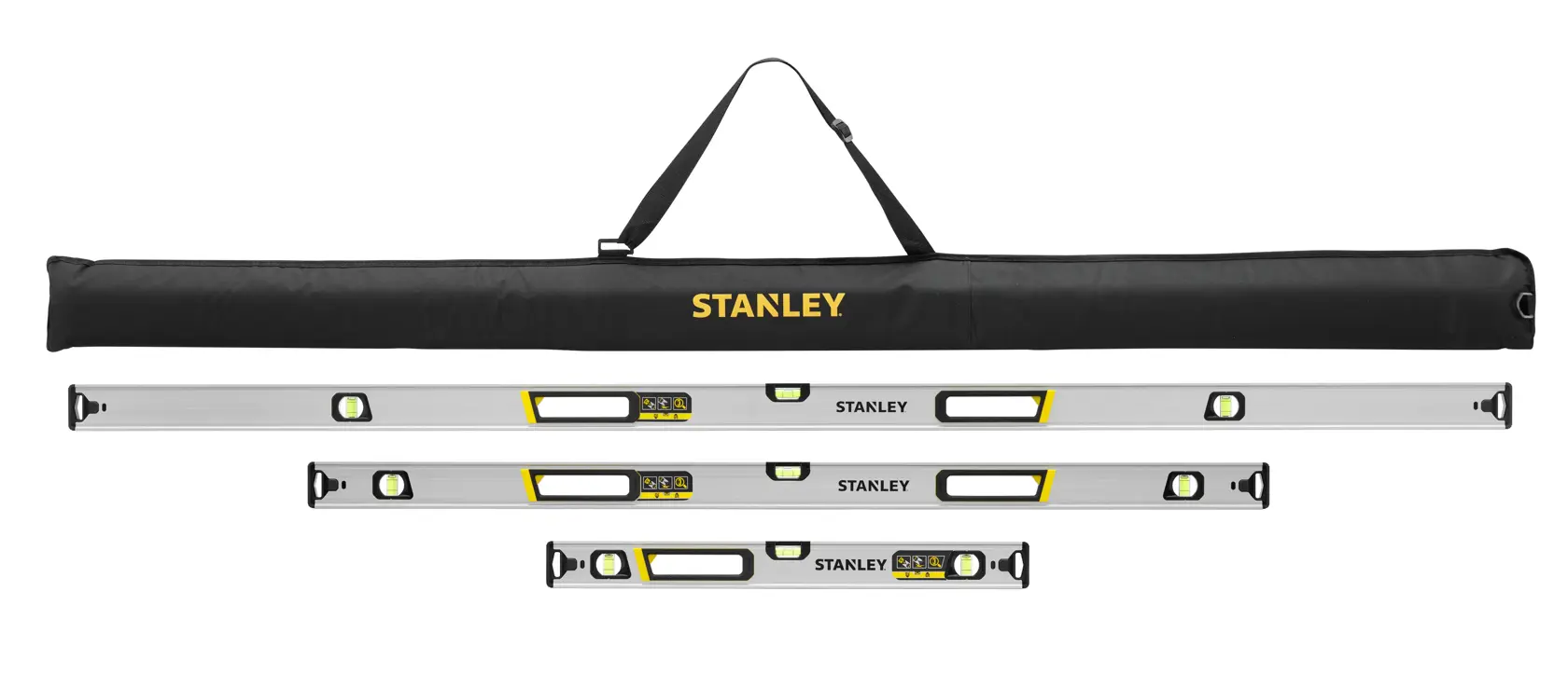 STANLEY FMHT43682-1 aluminum level set with three spirit levels and black carrying case, front view on white background.