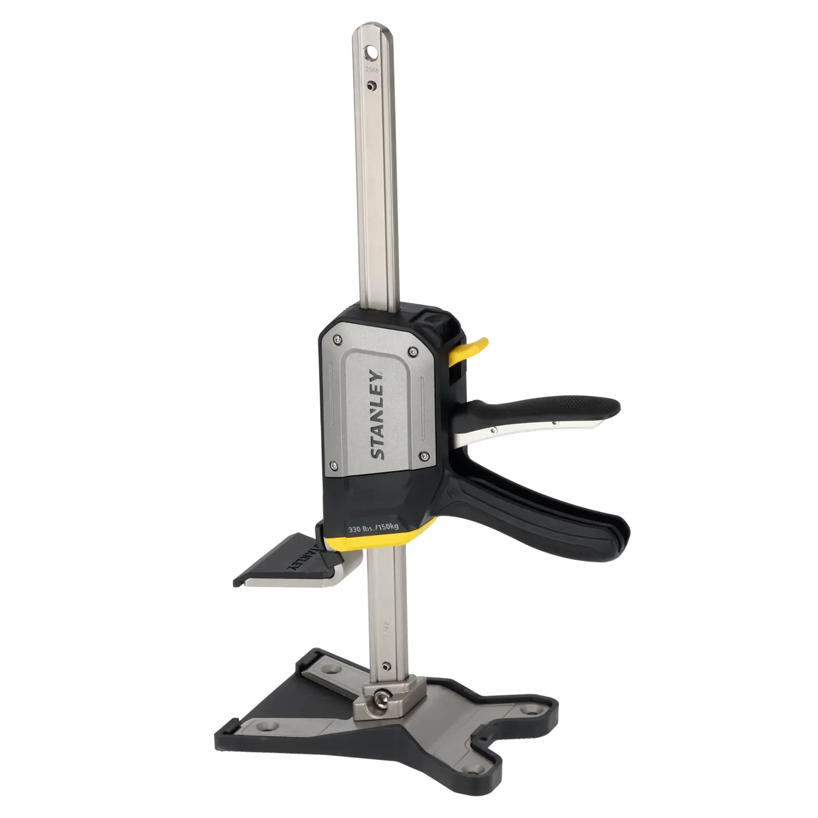 STANLEY FMHT83550-1 clamp with trigger handle, silver and black, side angle on white background.