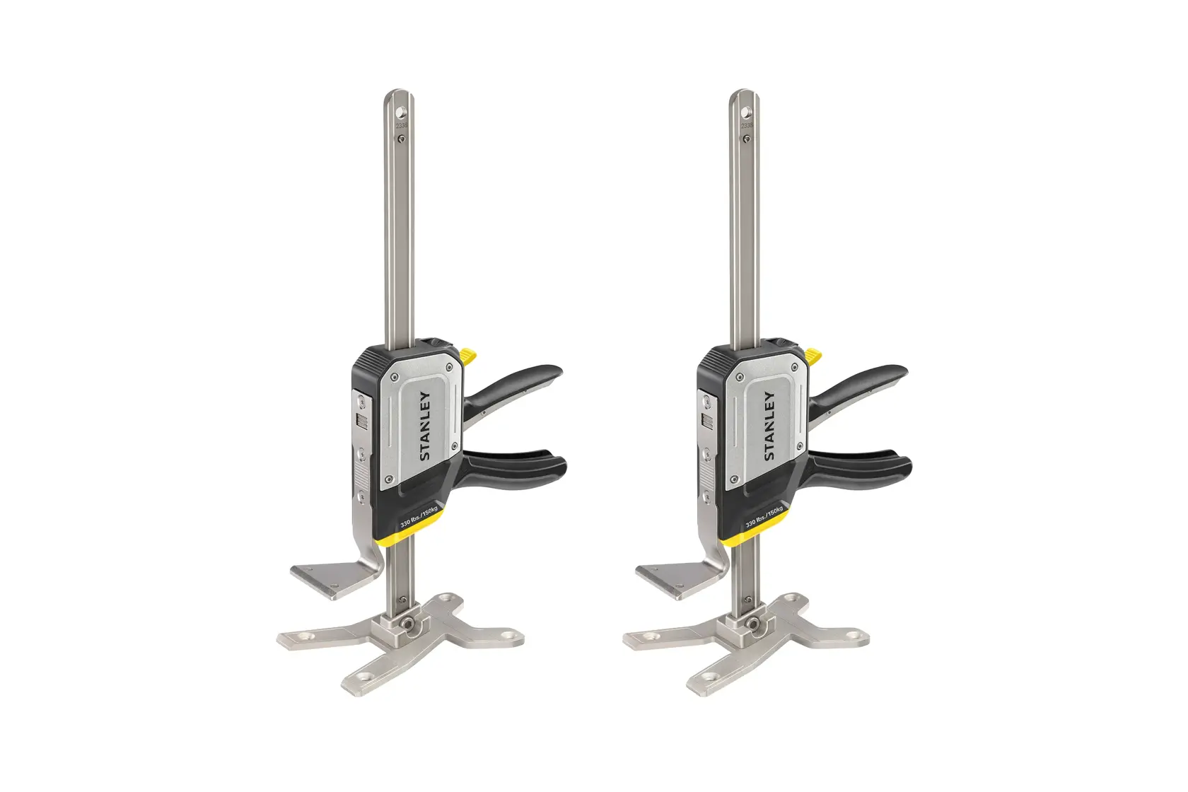 Photo of two STANLEY FMHT83552-1 heavy duty clamps with black handles and metal bars, shown from side on white background.