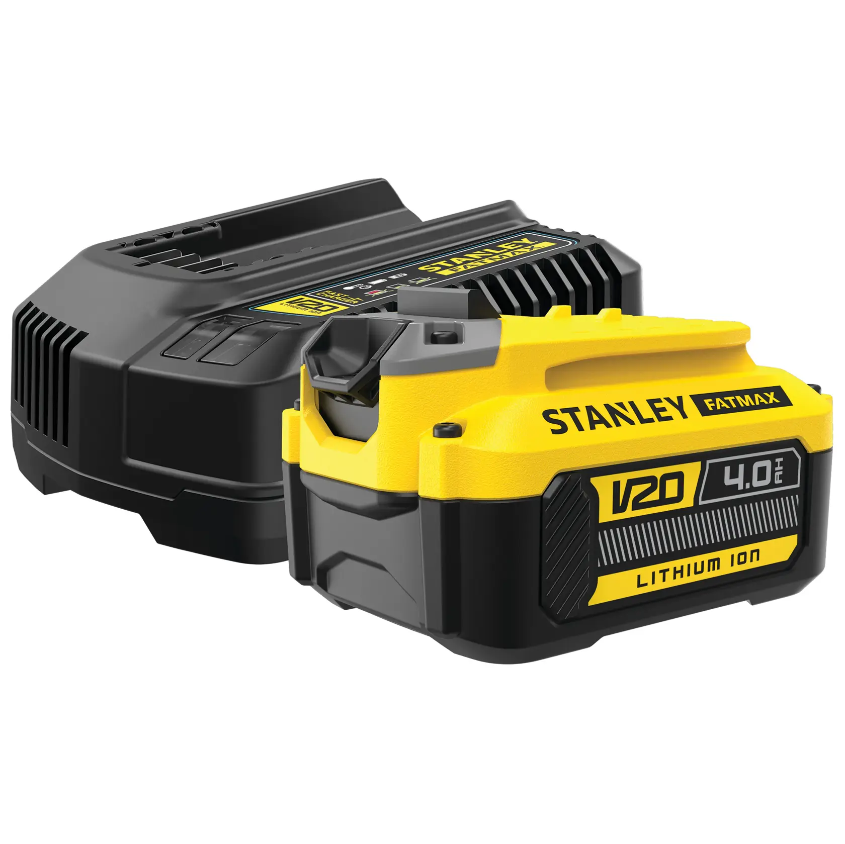 STANLEY SFMCB14M1 V20 4.0Ah lithium-ion battery and charger set, product photography, angled view.