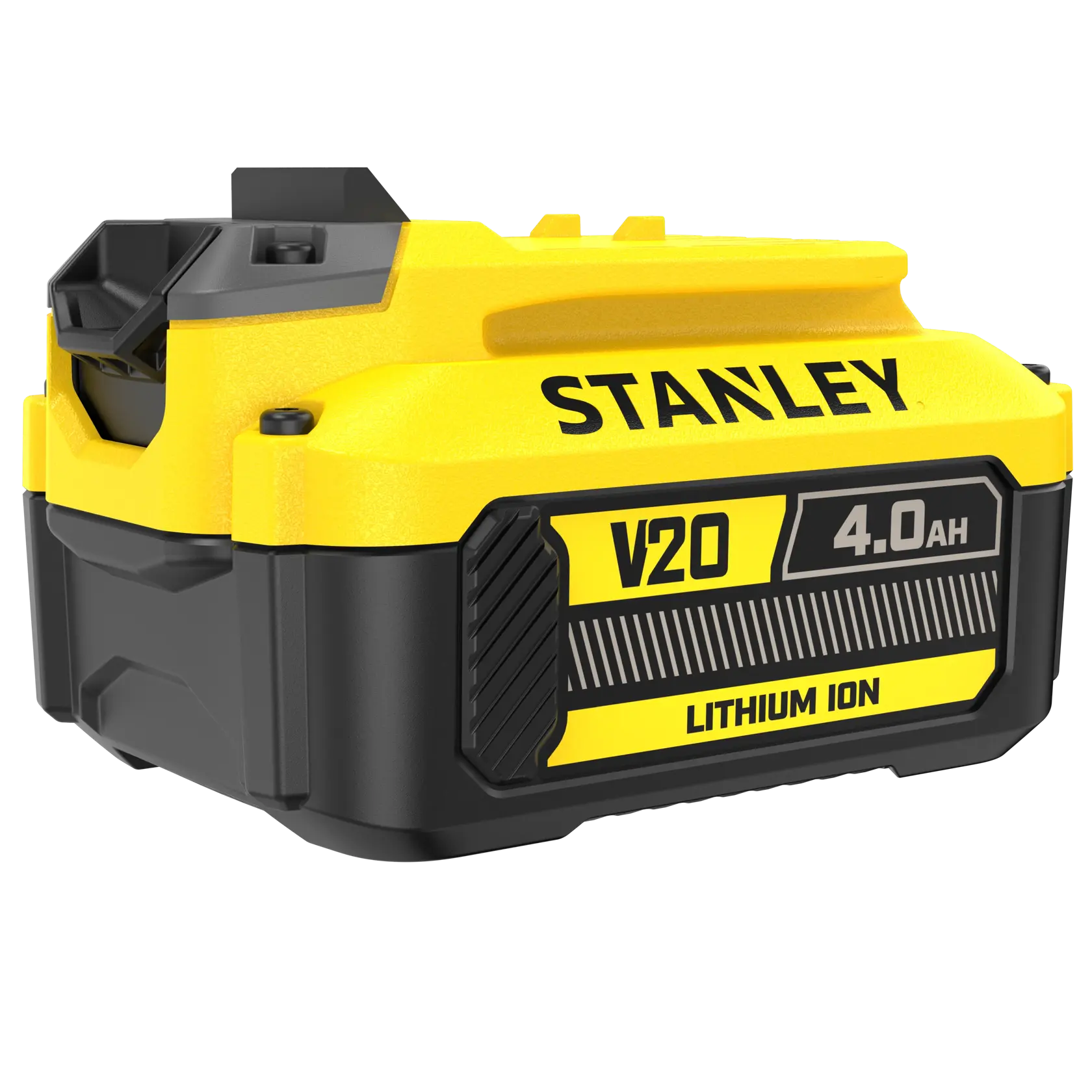 Photo of STANLEY SFMCB204 V20 Fatmax 4.0Ah lithium ion battery, angled view on white background.