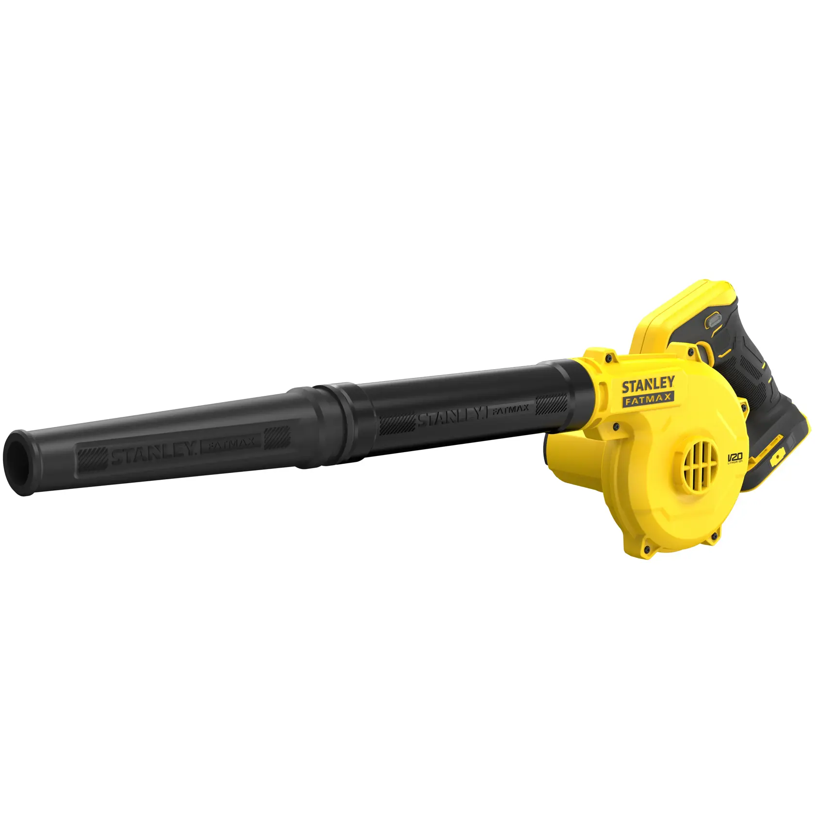 STANLEY SFMCBL01B cordless blower, yellow and black, side angle on white background.