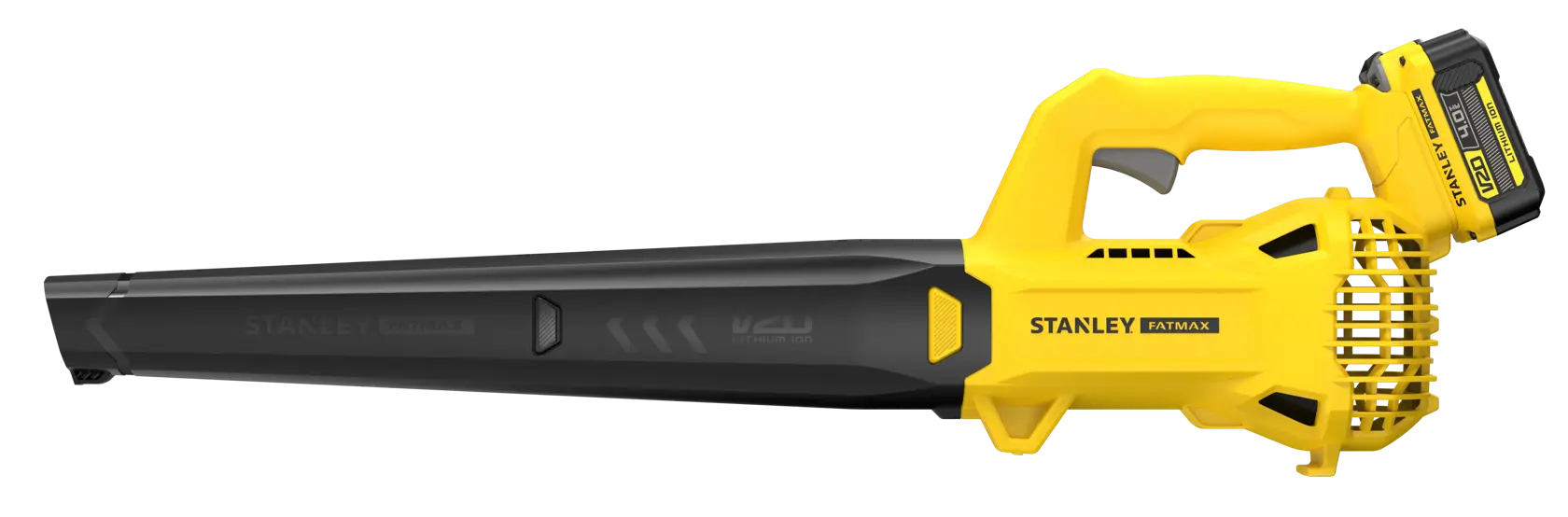 Photo of STANLEY SFMCBL714M1 yellow and black cordless leaf blower, side angle on white background.