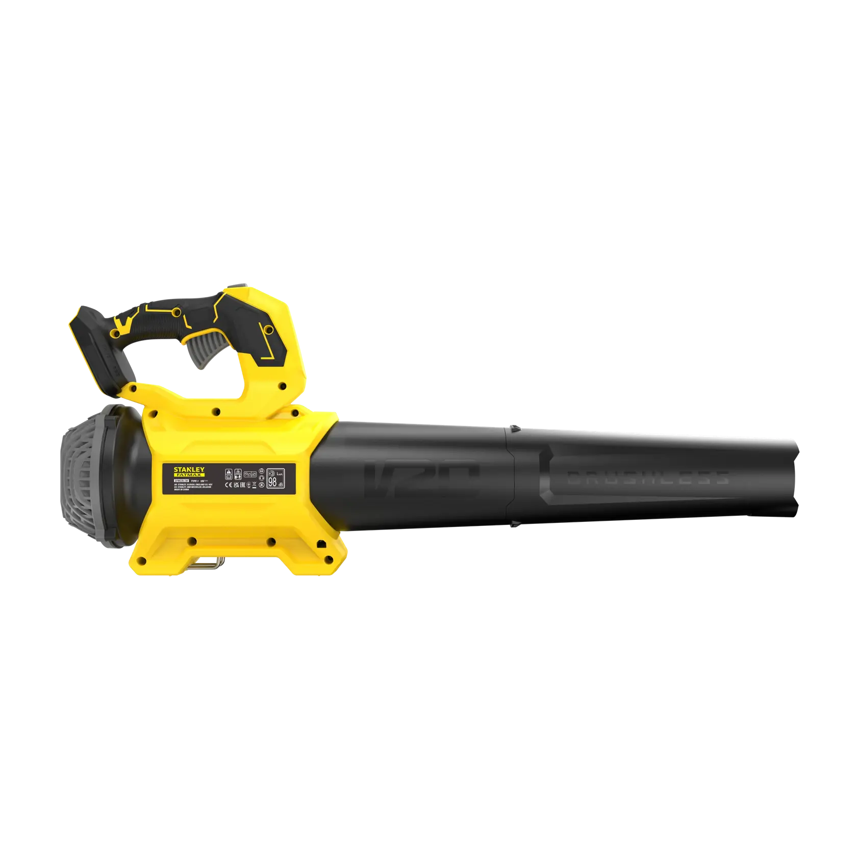 Photo of STANLEY SFMCBL730B cordless leaf blower, yellow and black, side view, white background.