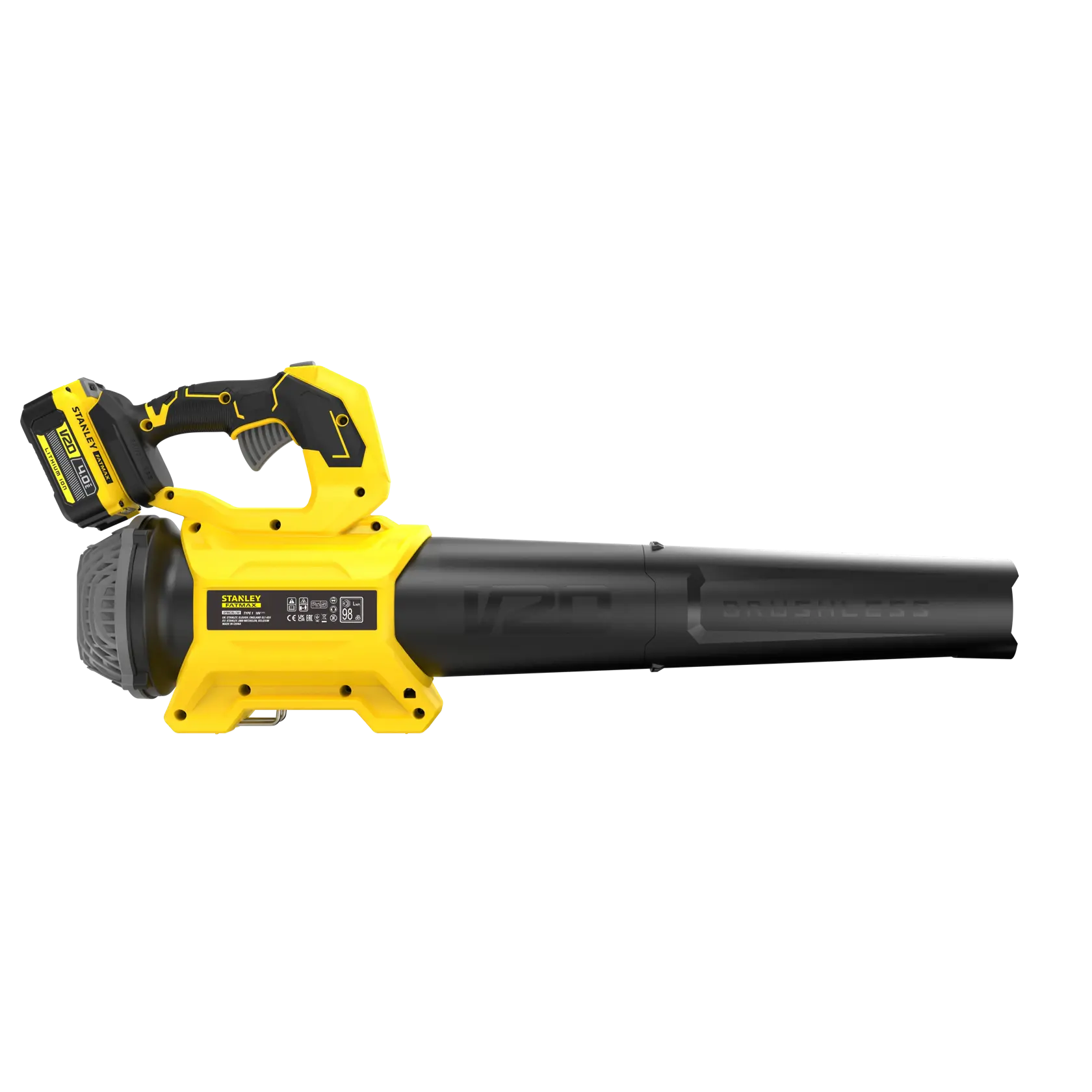 STANLEY SFMCBL730M1 cordless leaf blower, side view, yellow and black design, photography on white background.