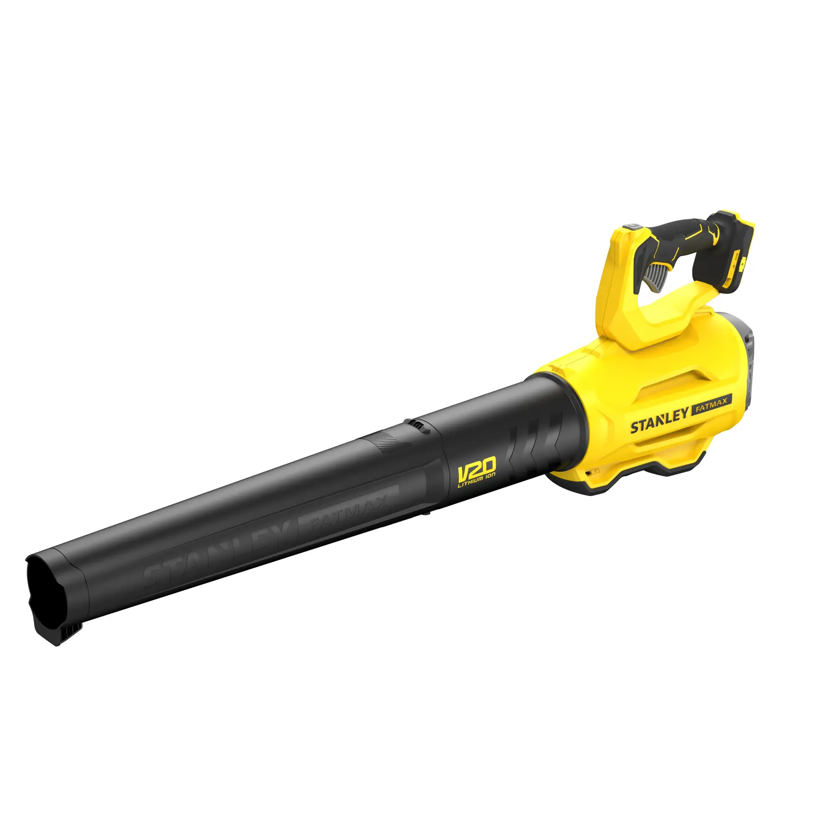 STANLEY SFMCBL7M1 cordless leaf blower, yellow and black, side angle on white background.