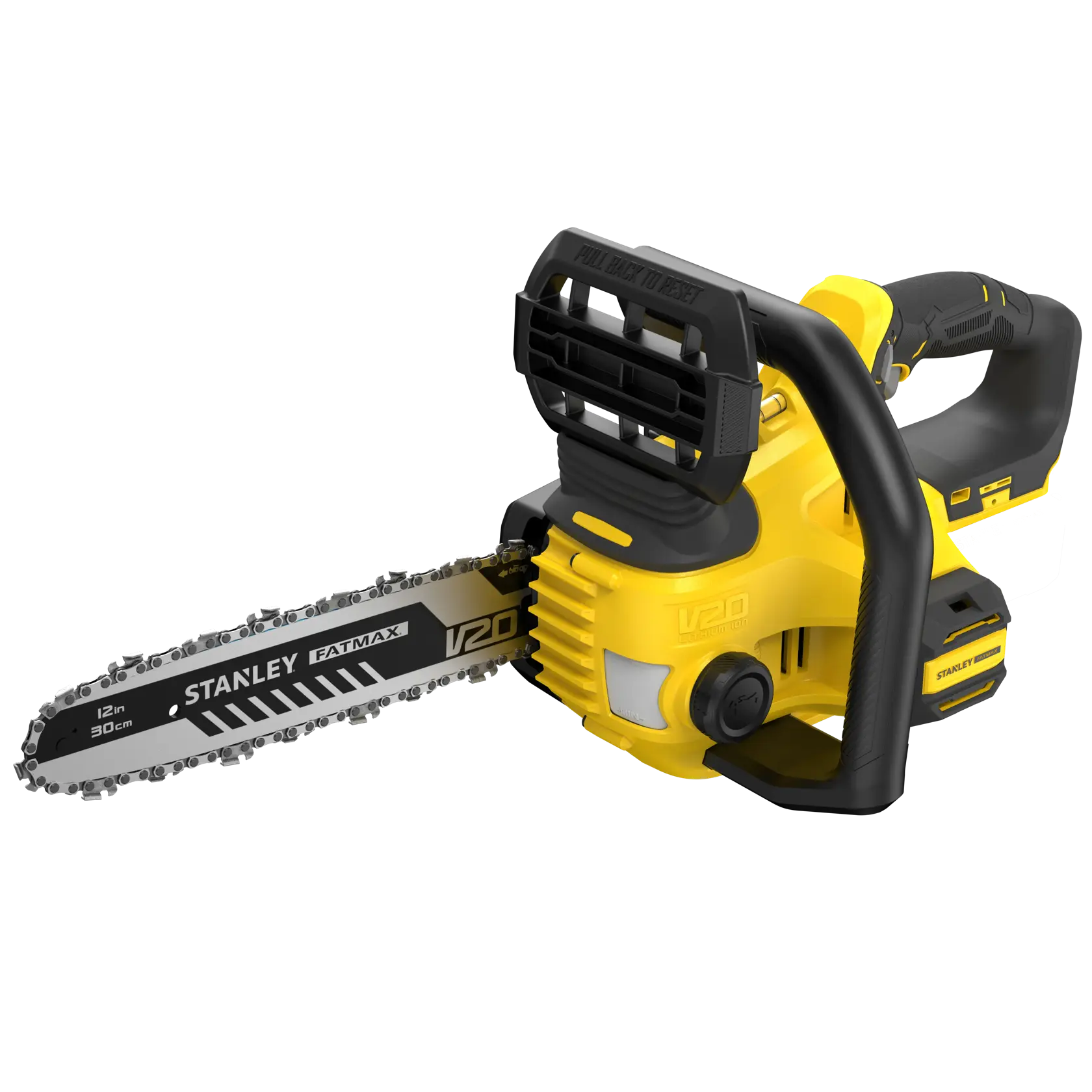 Stanley SFMCCS630B cordless chainsaw, yellow and black, side angle on white background.