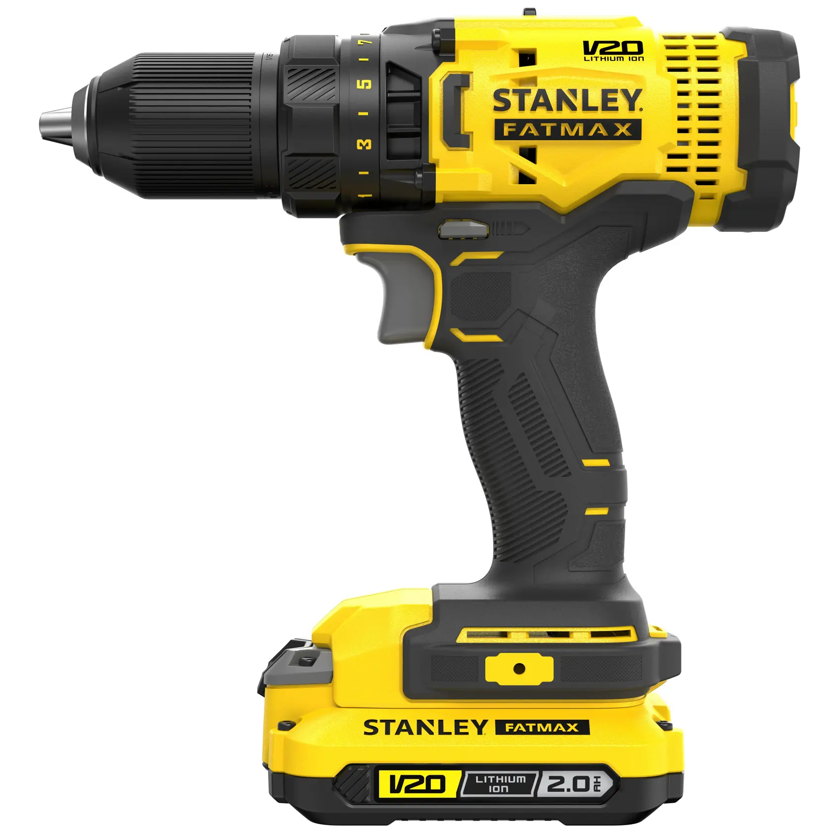 Stanley FATMAX V20 cordless drill with 2.0Ah lithium-ion battery, yellow and black design, side view.