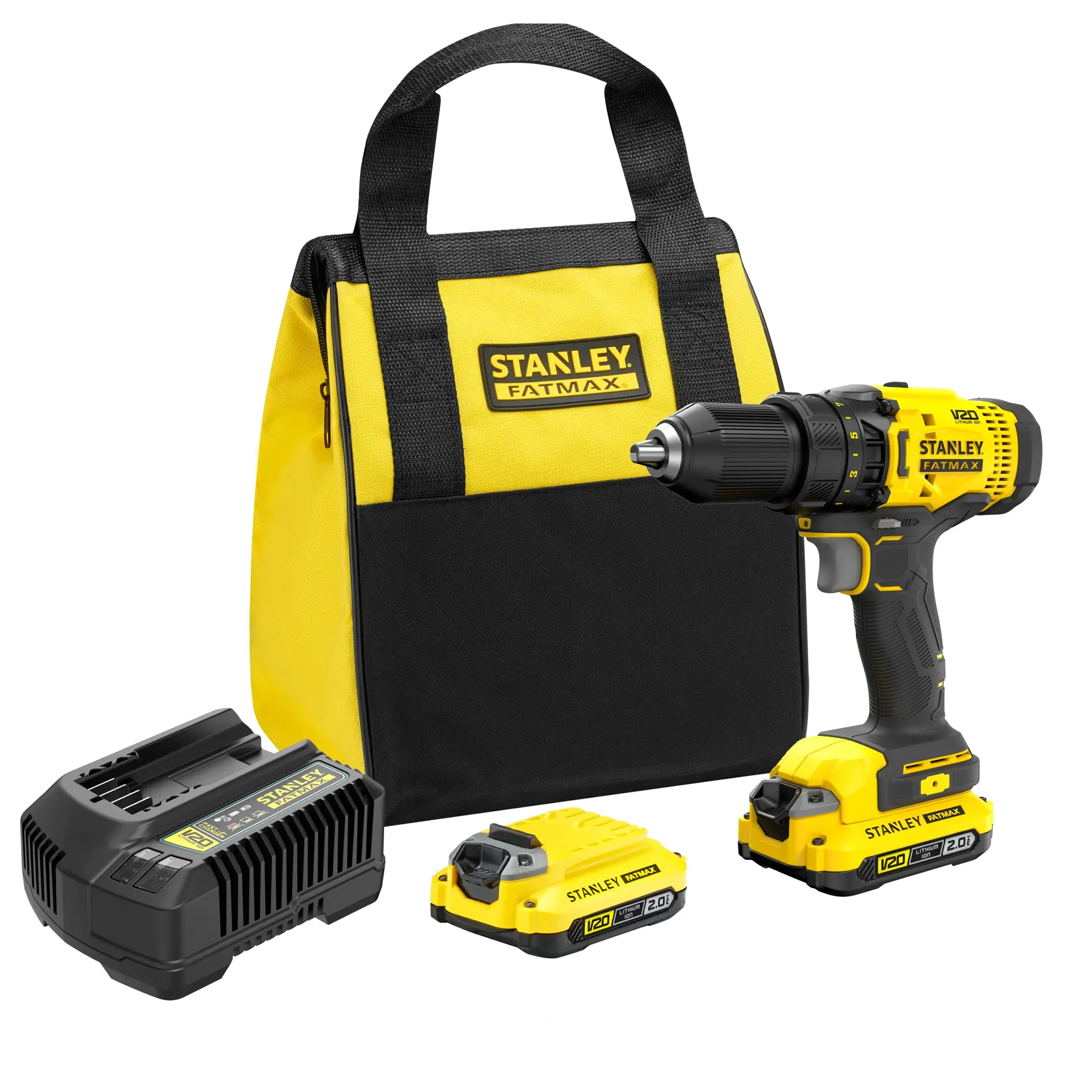 STANLEY SFMCD700D2S cordless drill kit with yellow-black tool bag, charger and two batteries, front angle.