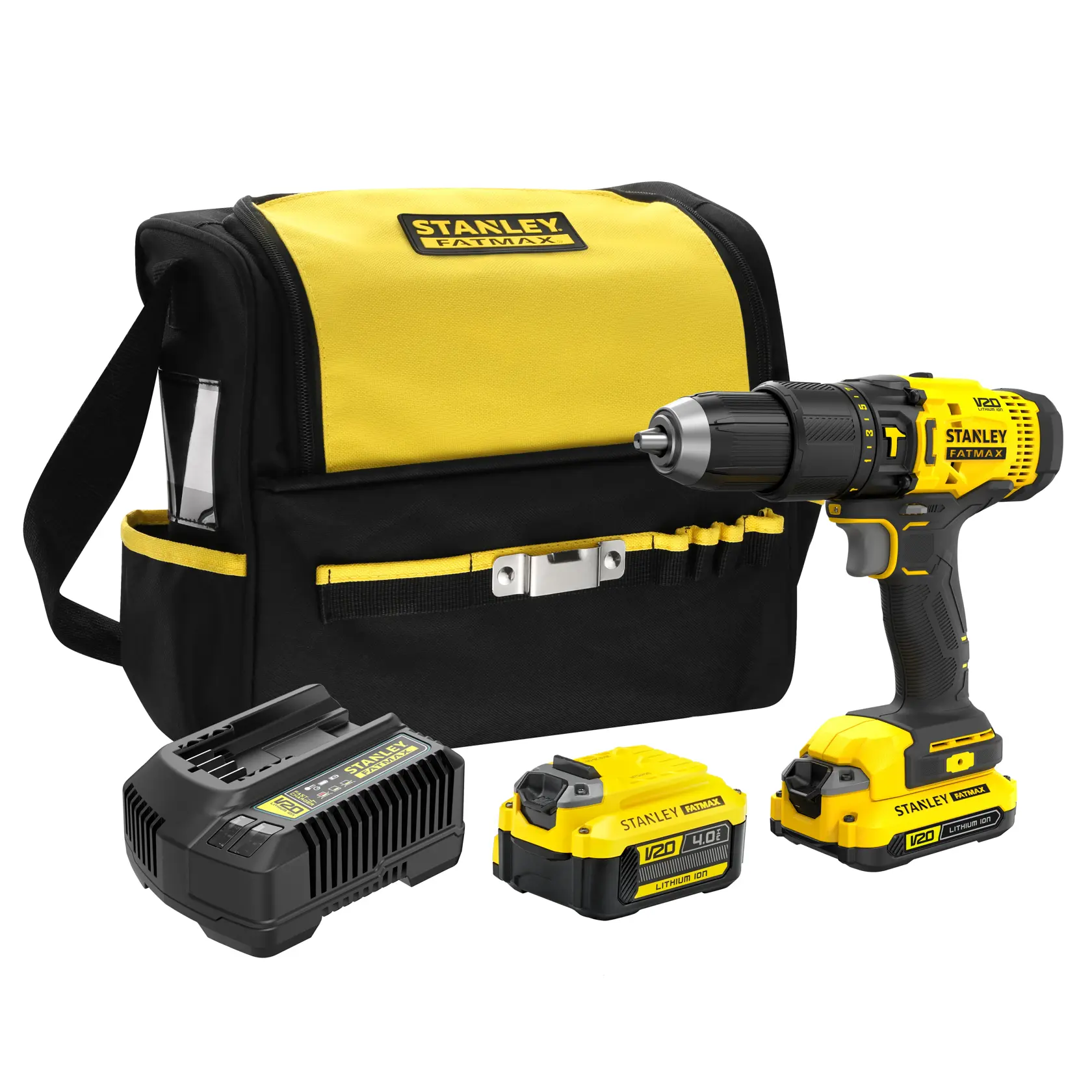 Stanley Fatmax drill kit with tool bag, charger, and two batteries displayed.