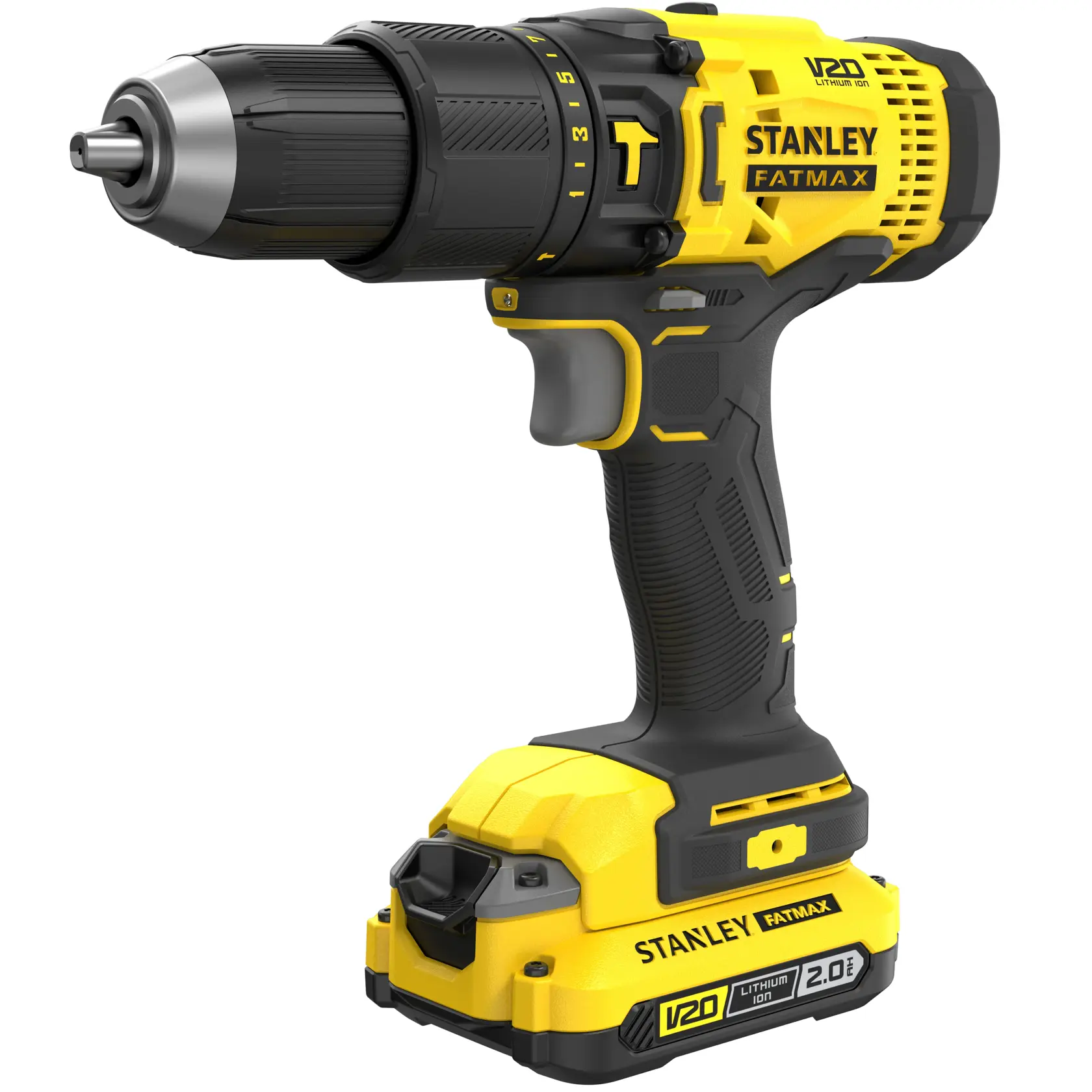 STANLEY SFMCD711DM2 cordless drill driver, yellow and black, side angle photo on white background.