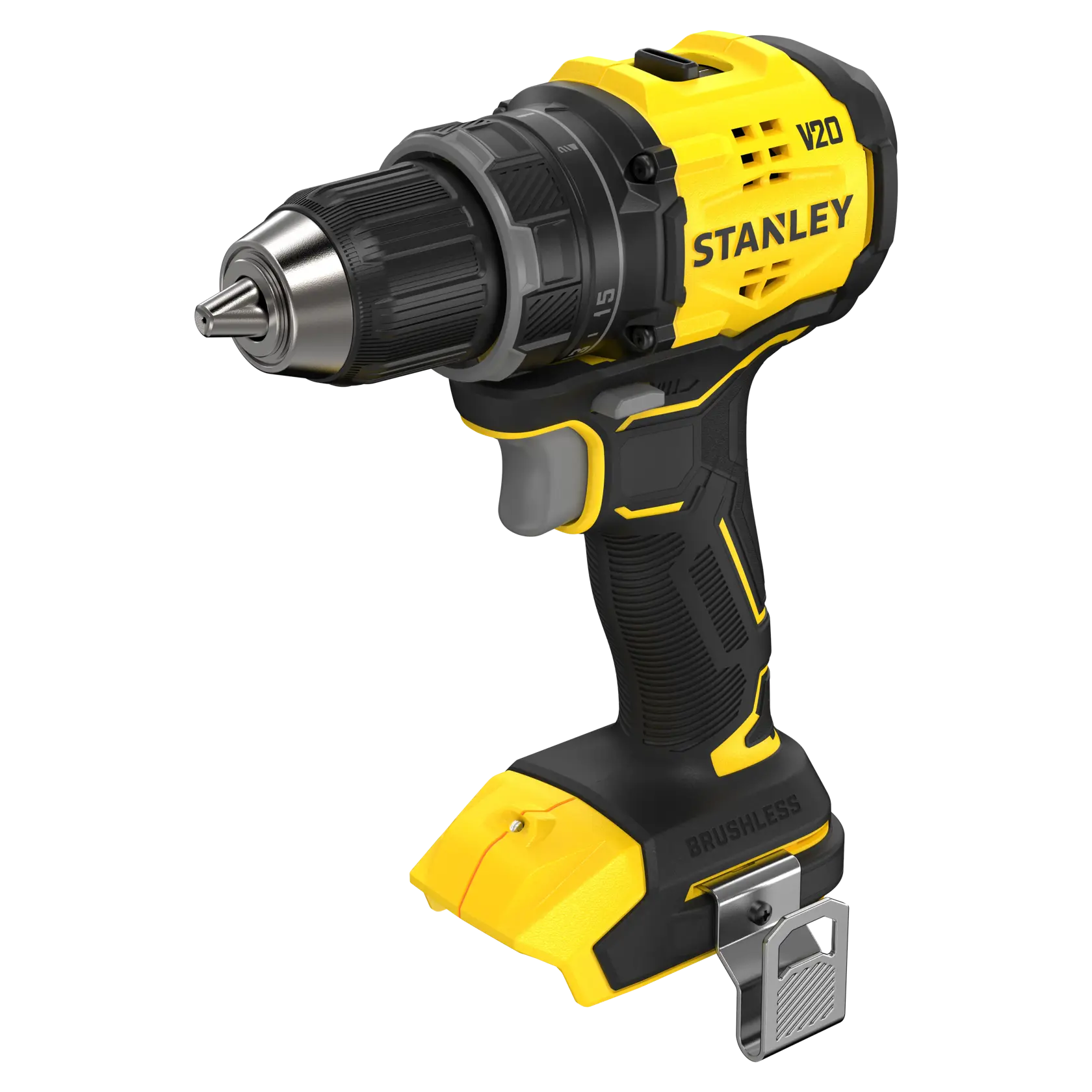 STANLEY SFMCD714B-XJ cordless drill, yellow and black, side angle, brushless, FATMAX V20 series.