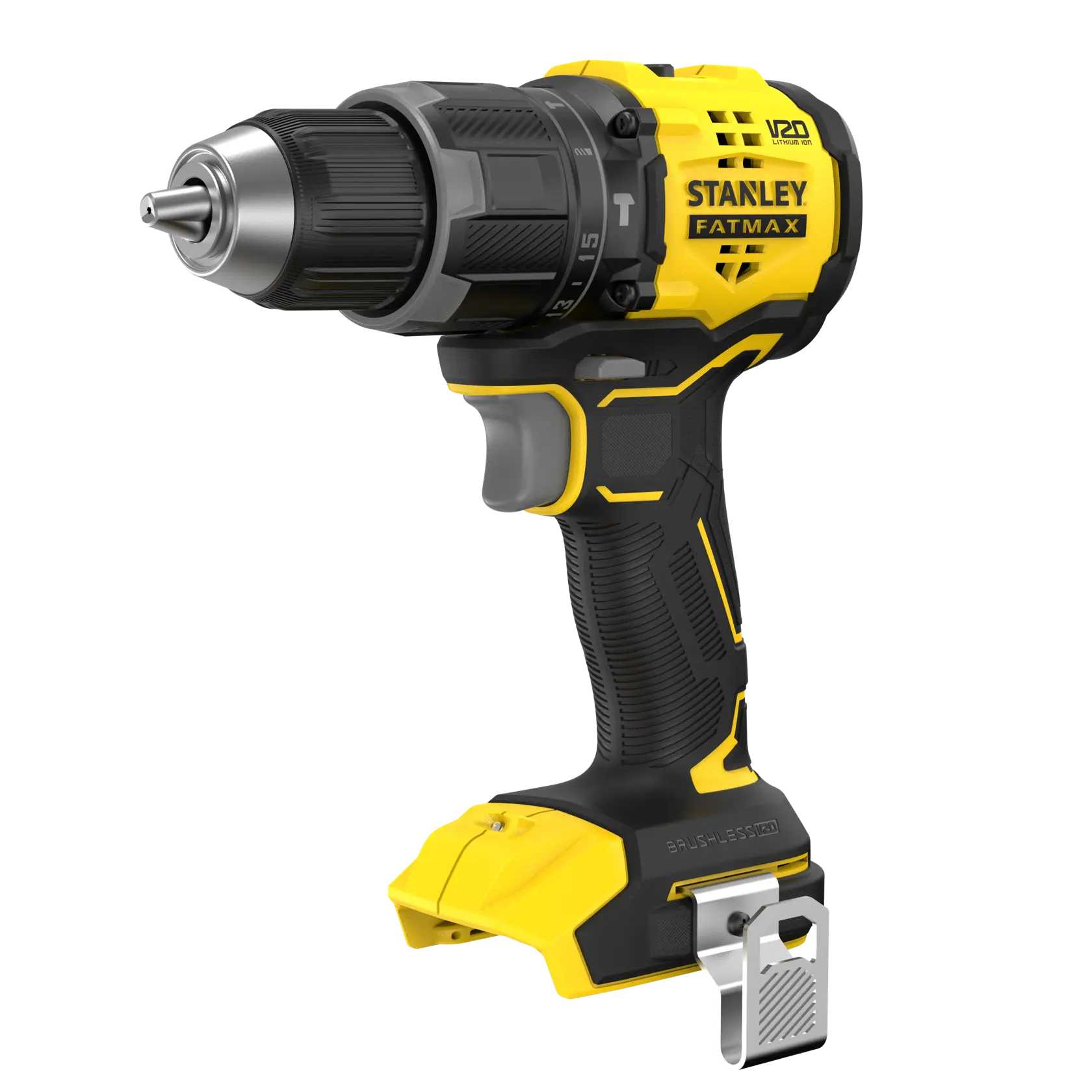 Photo of STANLEY SFMCD716B-XJ cordless drill, yellow and black, right side angle, visible grip and chuck.