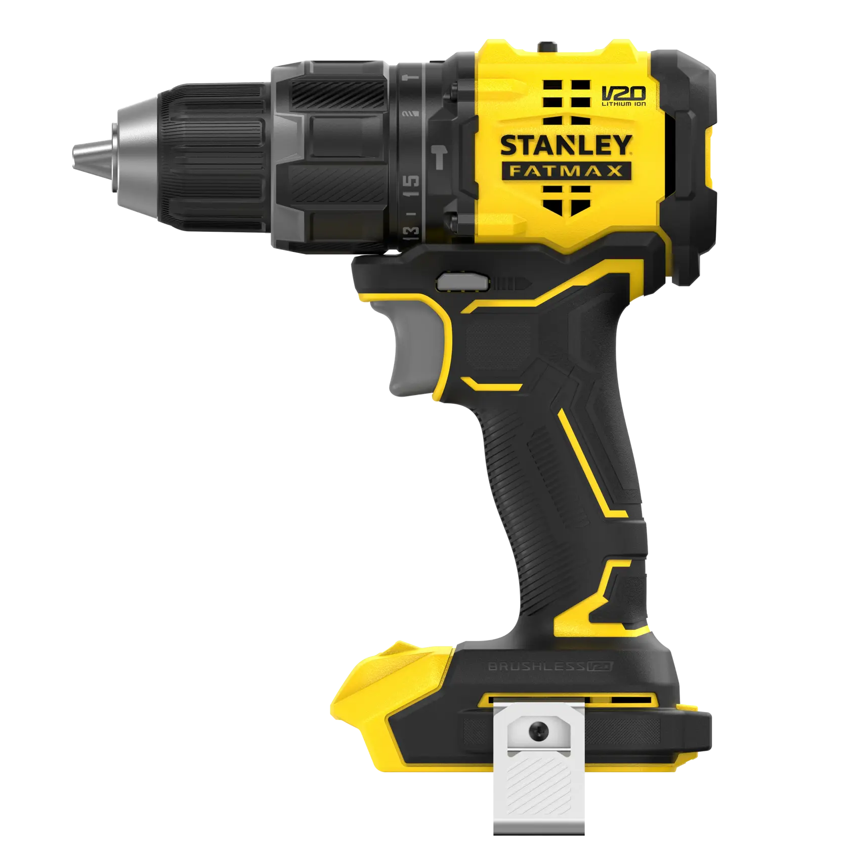 Photo of STANLEY SFMCD716B-XJ cordless drill driver, yellow and black, side view, with visible branding and details.