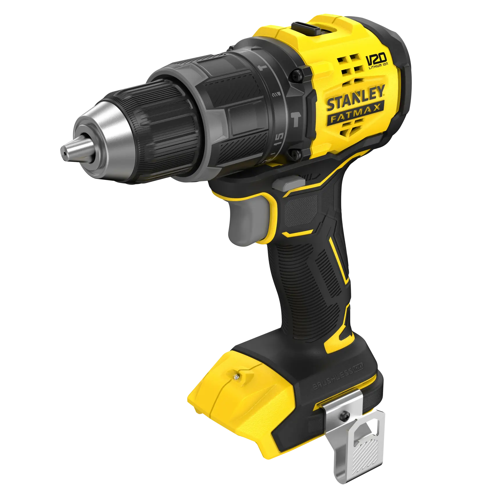 STANLEY SFMCD716B-XJ cordless drill, yellow and black, angled view on white background.