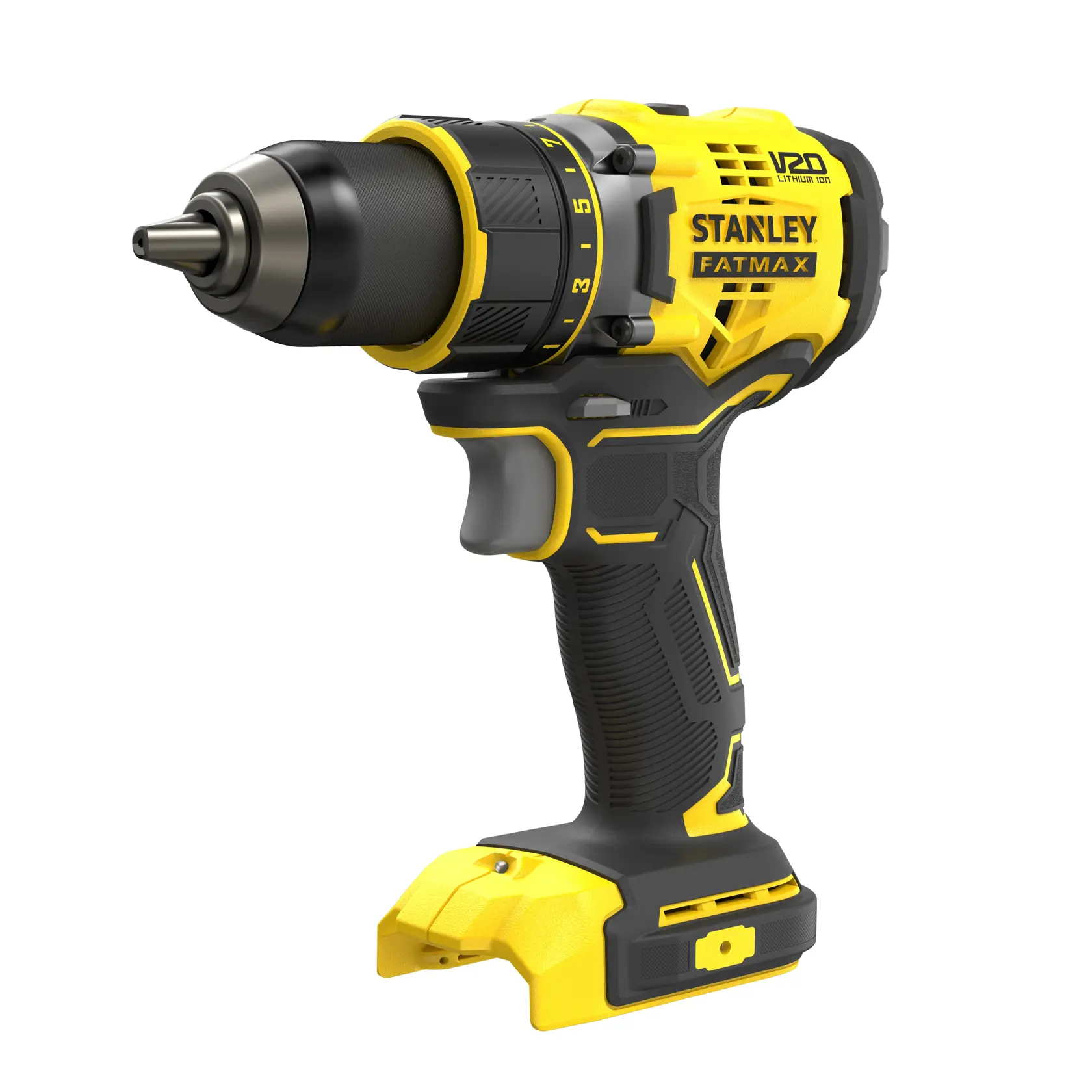 STANLEY SFMCD720B cordless drill, yellow and black, right-side angle on white background.