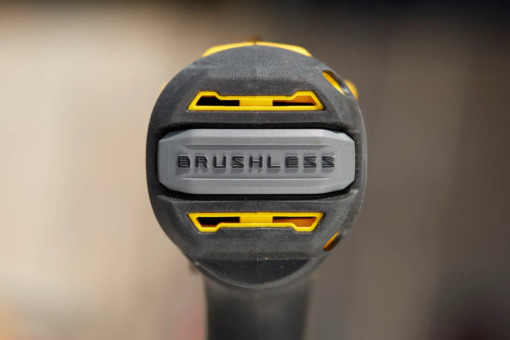 STANLEY SFMCD721B drill close-up, showing black and yellow brushless motor end cap.