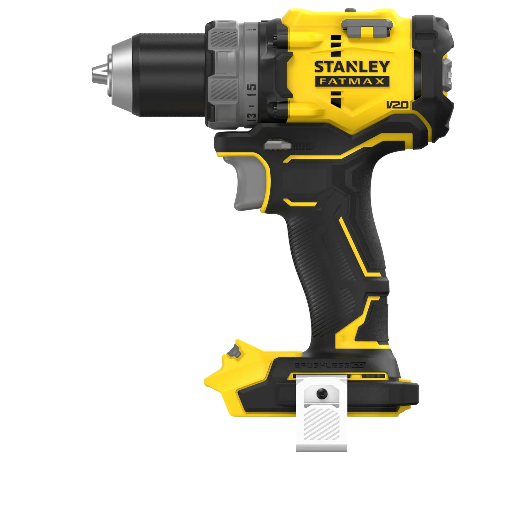 Photo of STANLEY SFMCD725B cordless drill, yellow and black, side view on white background.