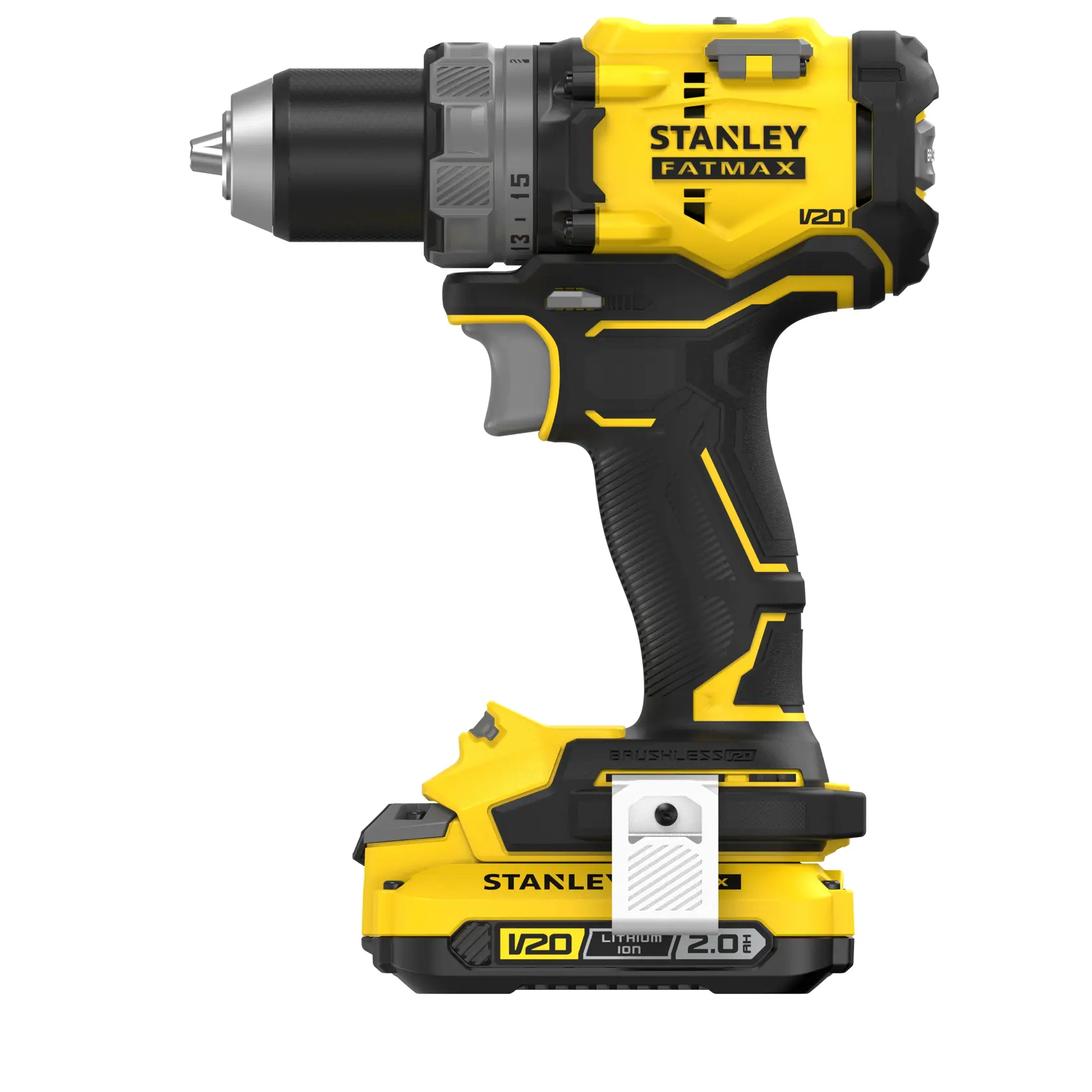STANLEY SFMCD725D2K cordless drill driver side view on white, yellow and black design, V20 2.0Ah battery.