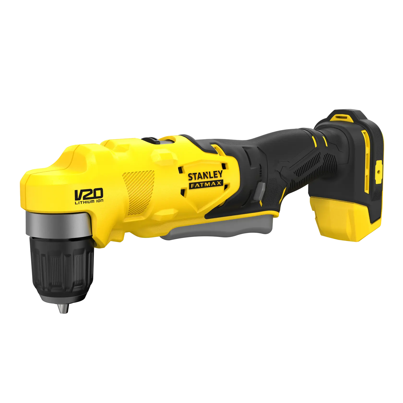 STANLEY SFMCD750B cordless angle drill, yellow and black, side view, V20 Lithium Ion, power tool.