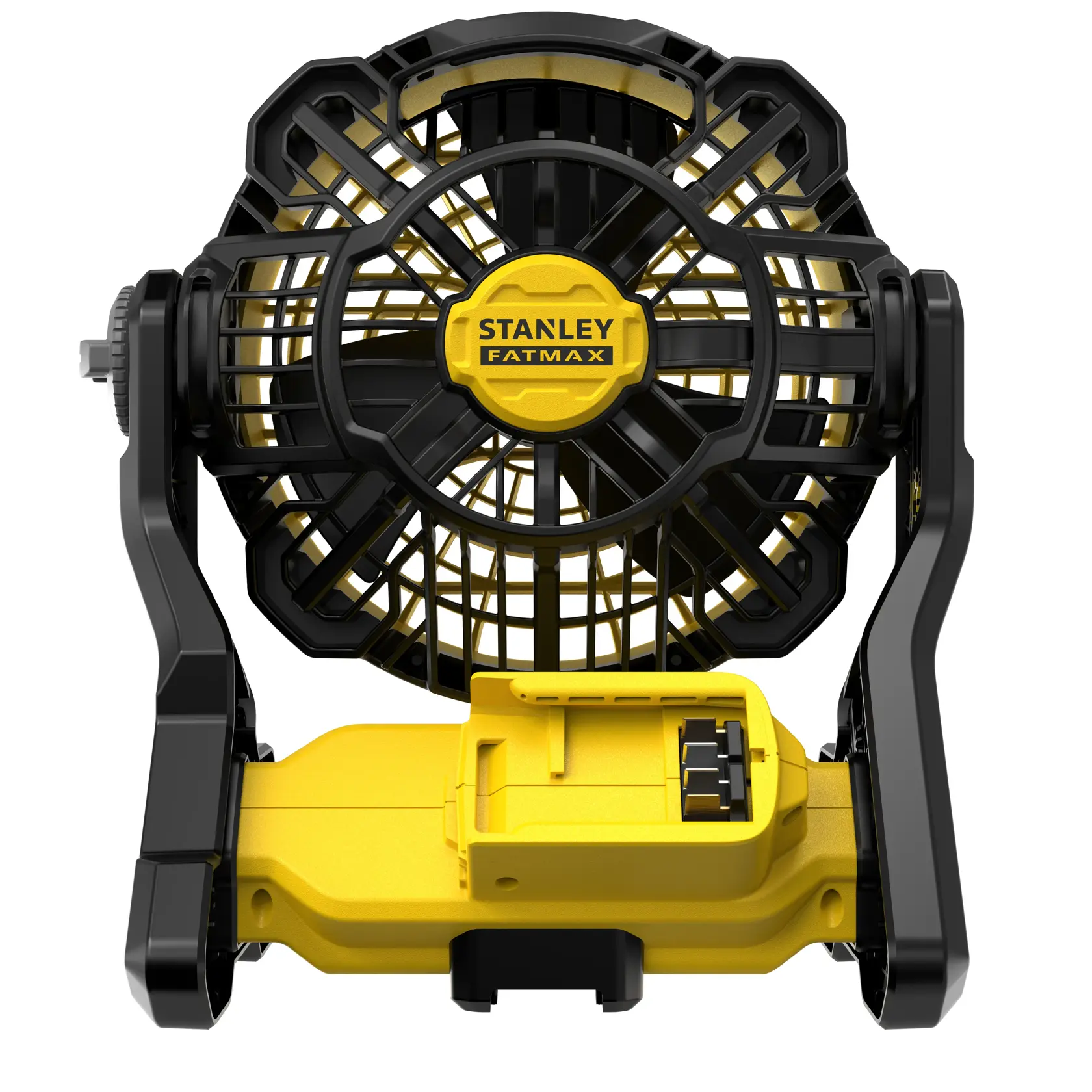 STANLEY SFMCE001B cordless yellow and black jobsite fan, front view on white background.