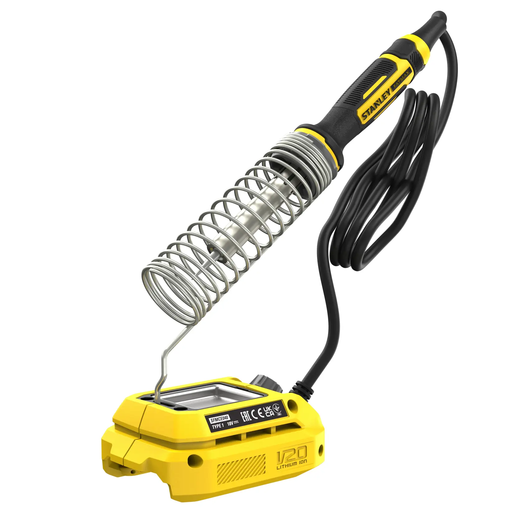 STANLEY SFMCE040B soldering iron with black and yellow handle, coiled stand, and power base on white background.