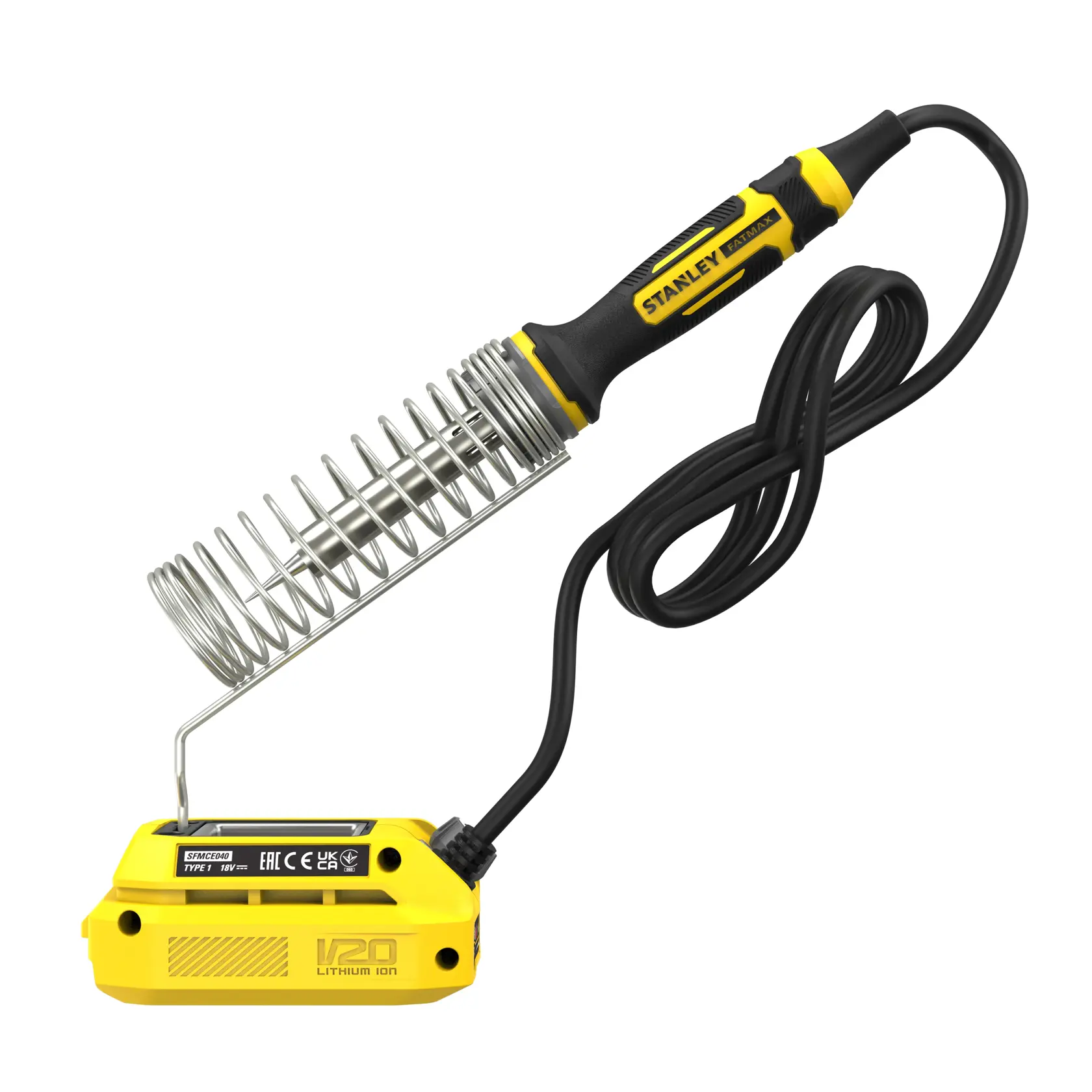 STANLEY SFMCE040B cordless soldering iron with yellow and black handle, V20 lithium-ion battery, front angle.