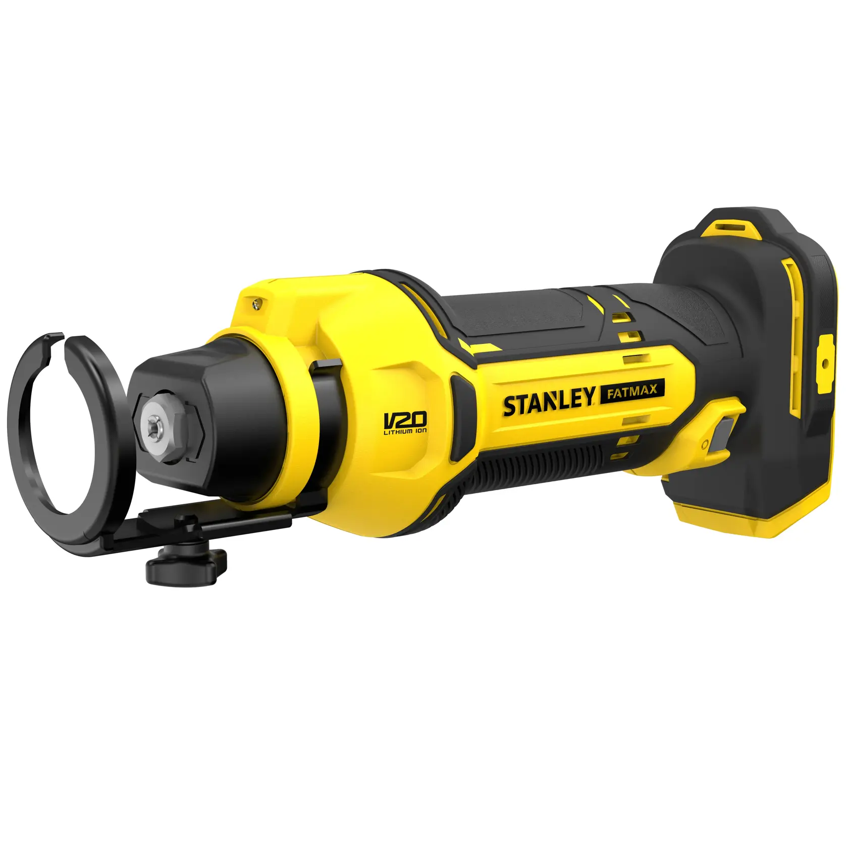 STANLEY SFMCE200B cordless yellow and black rotary tool side angle on white background.