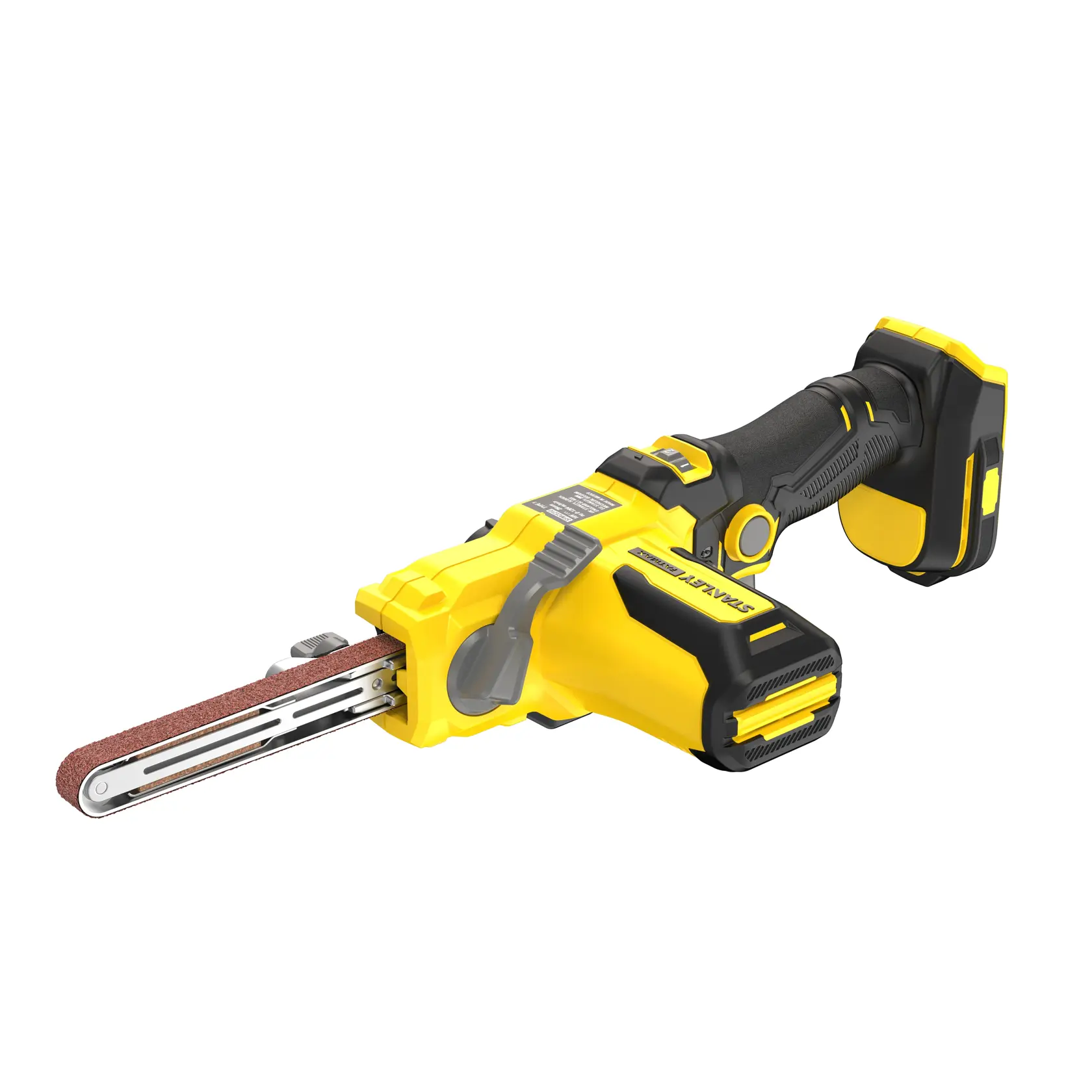 STANLEY SFMCE210B cordless file belt sander, yellow and black, side angle on white background.