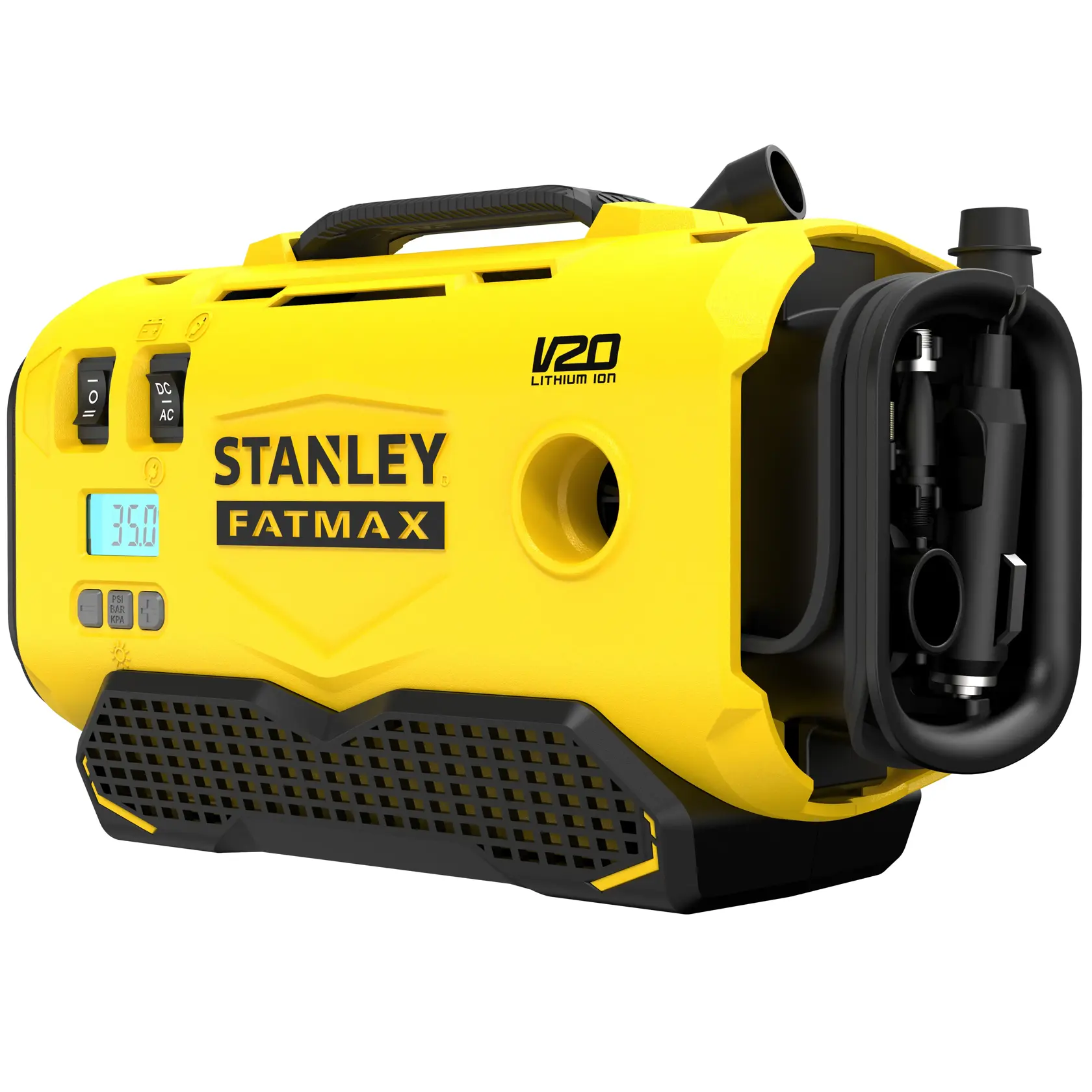 STANLEY SFMCE520B portable yellow V20 FATMAX air compressor, side angle with hose and digital display visible.