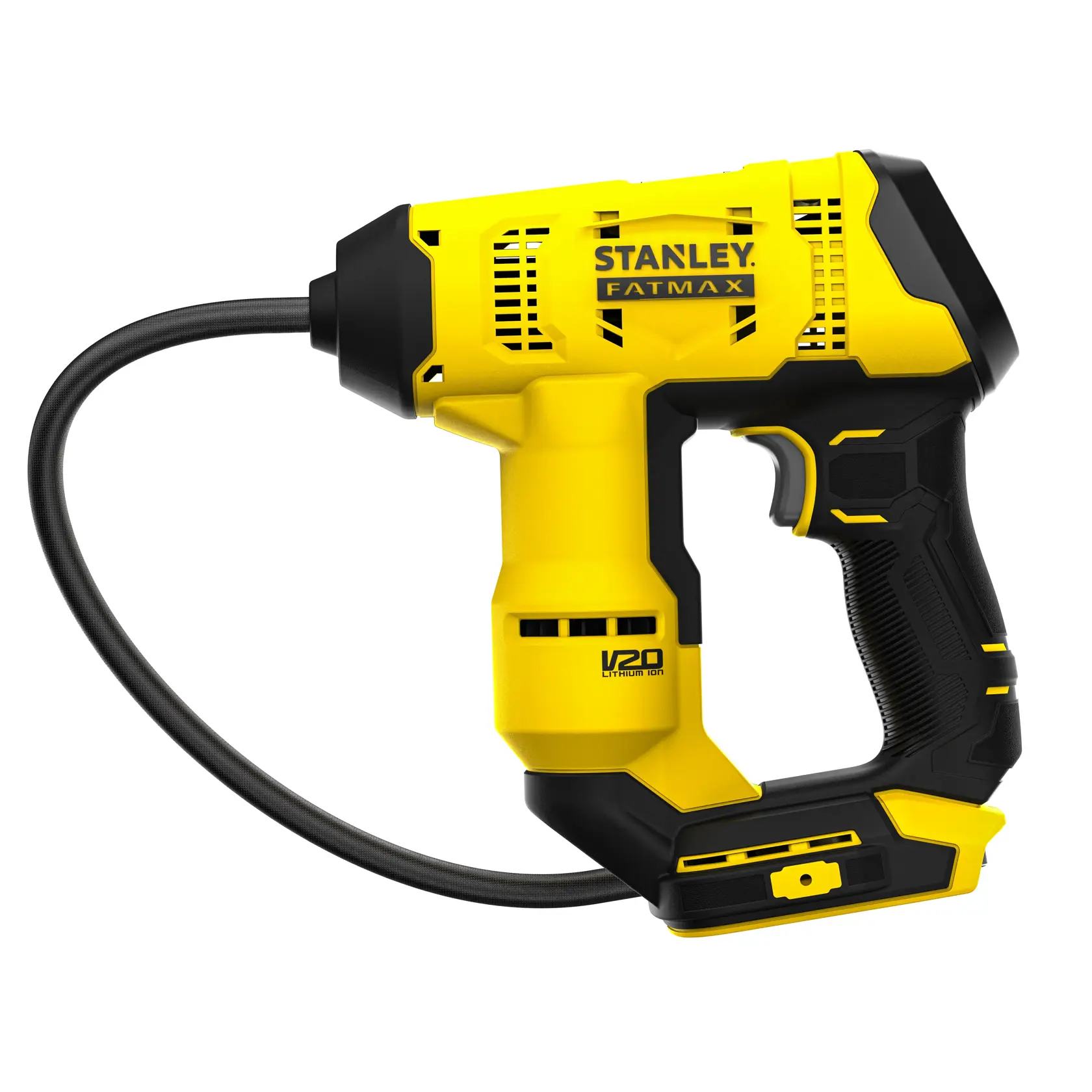 STANLEY SFMCE521B cordless inflator, yellow and black, side angle on white background.