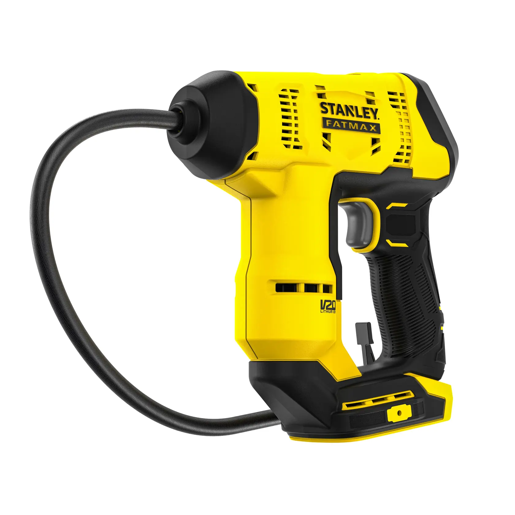 STANLEY SFMCE521B inflator photography, yellow and black, front right angle on white background.