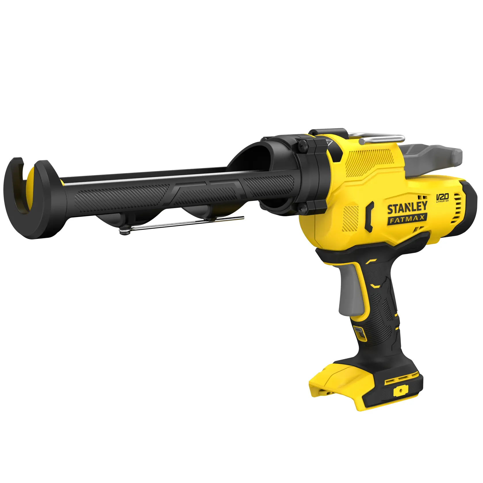 STANLEY SFMCE600B cordless caulking gun, yellow and black, product side view on white background.
