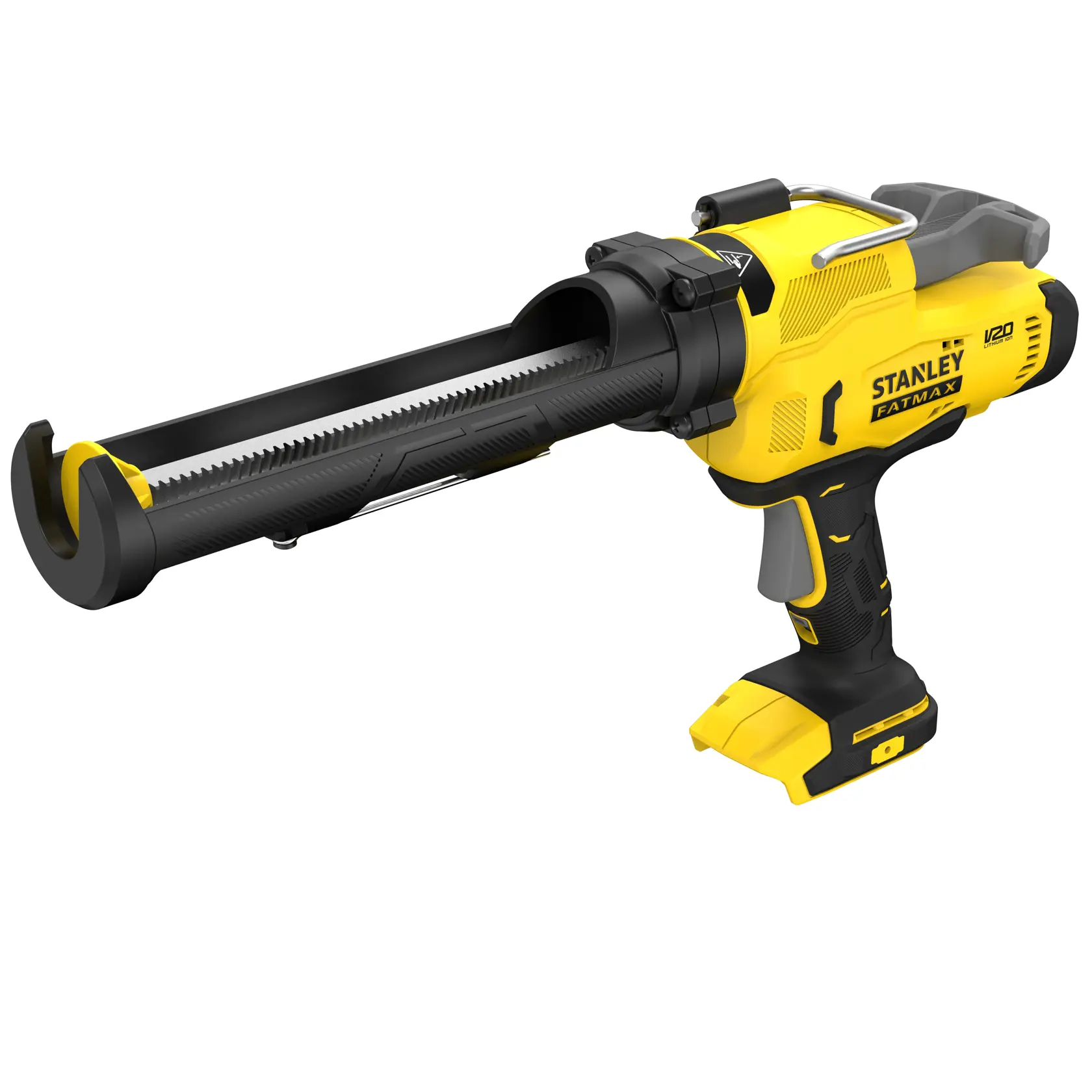STANLEY SFMCE600B cordless caulking gun, yellow and black, right angle, photo on white background.