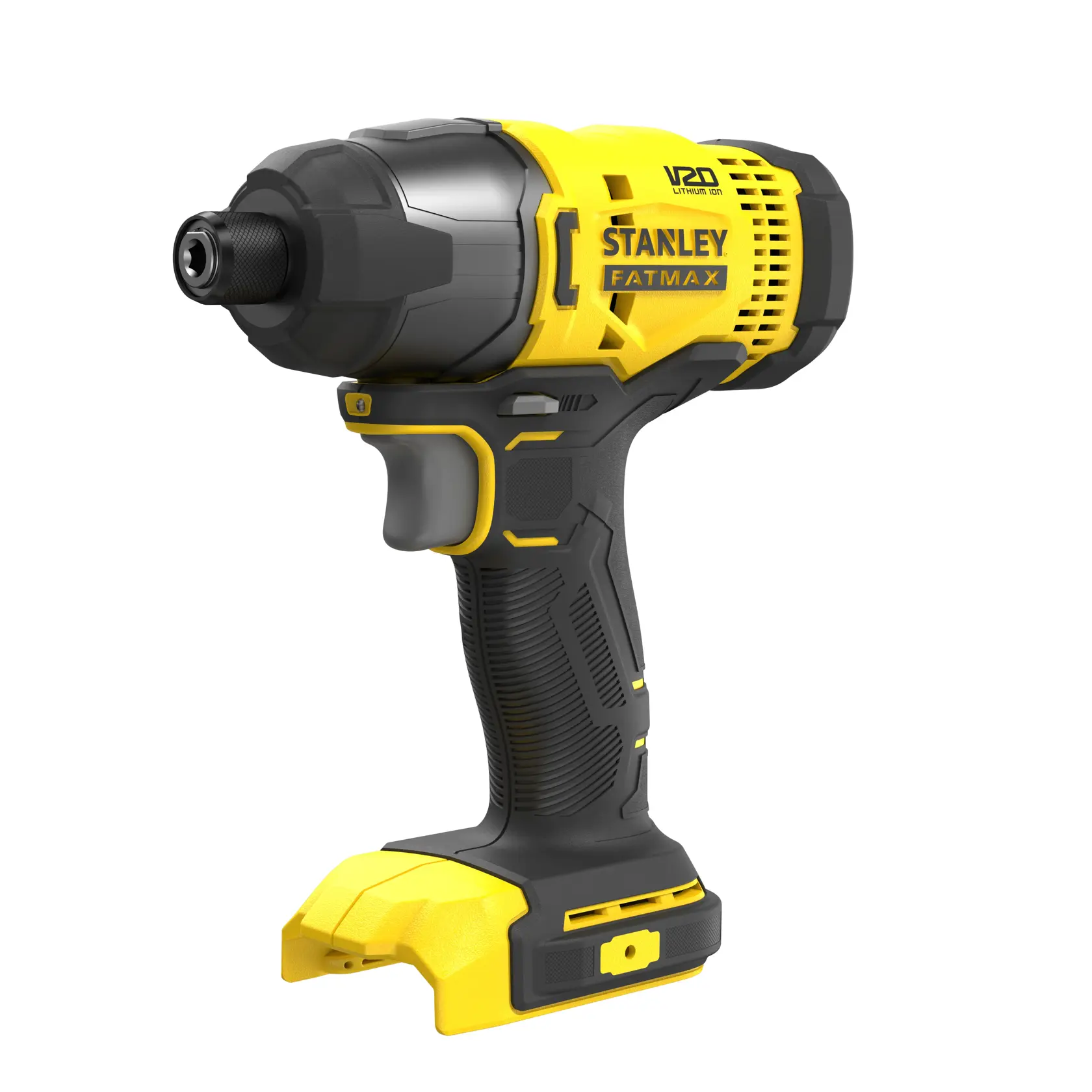 STANLEY SFMCF800DM2 cordless impact driver kit with yellow-black tool bag, charger, and two batteries, front view.
