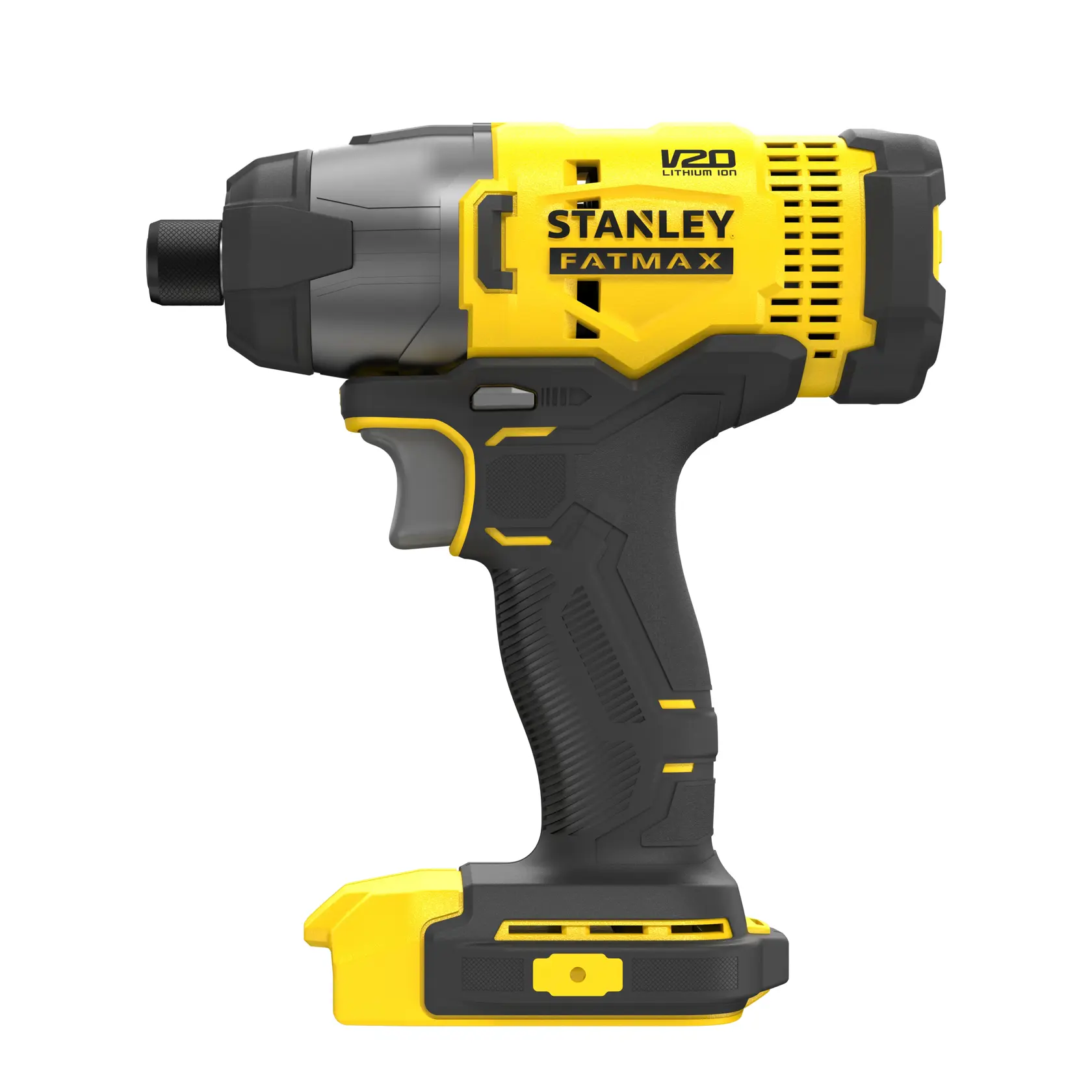 Stanley SFMCF800DM2 impact driver, black and yellow, side angle, cordless power tool photography.