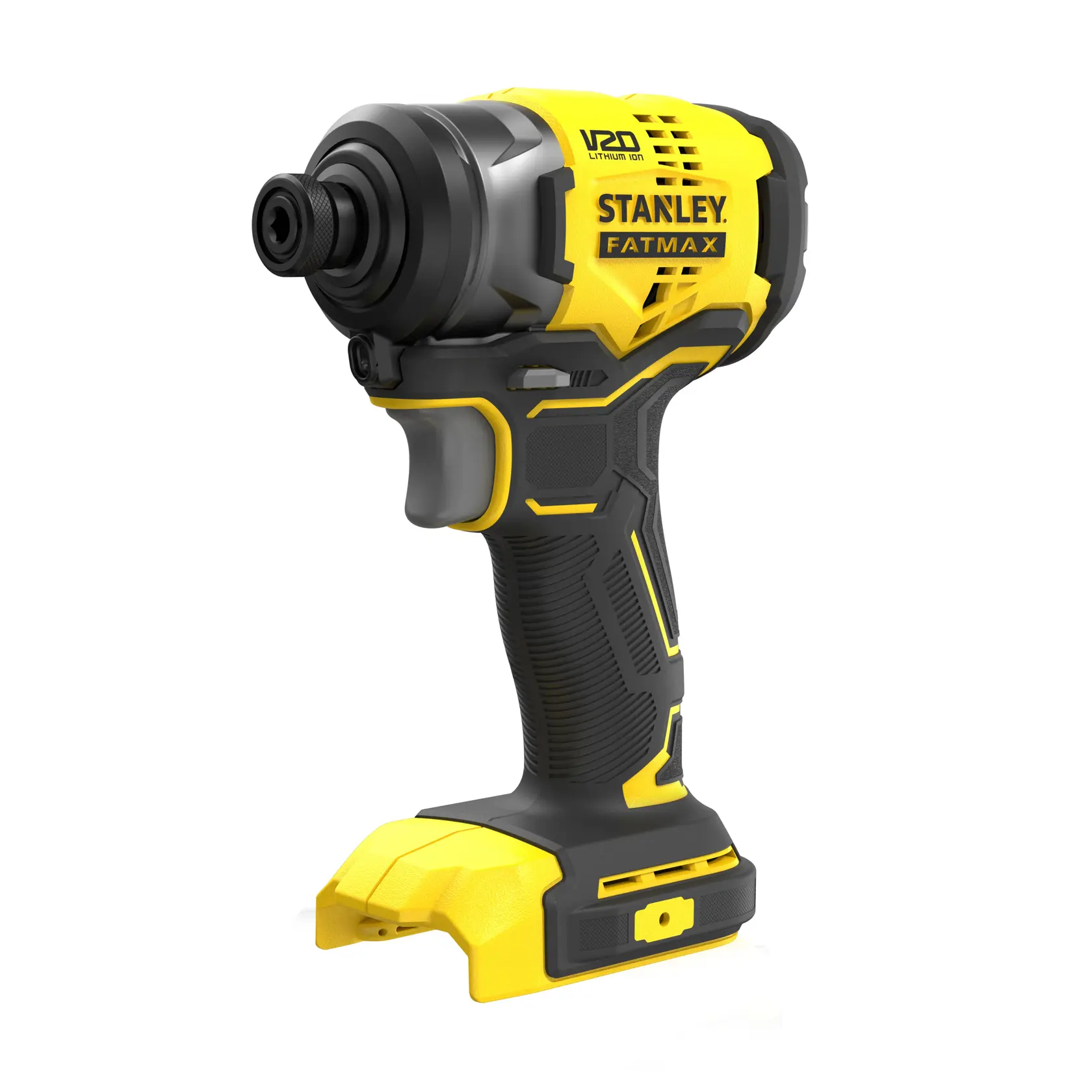 Photo of STANLEY SFMCF810B cordless impact driver, black and yellow, angled view on white background.