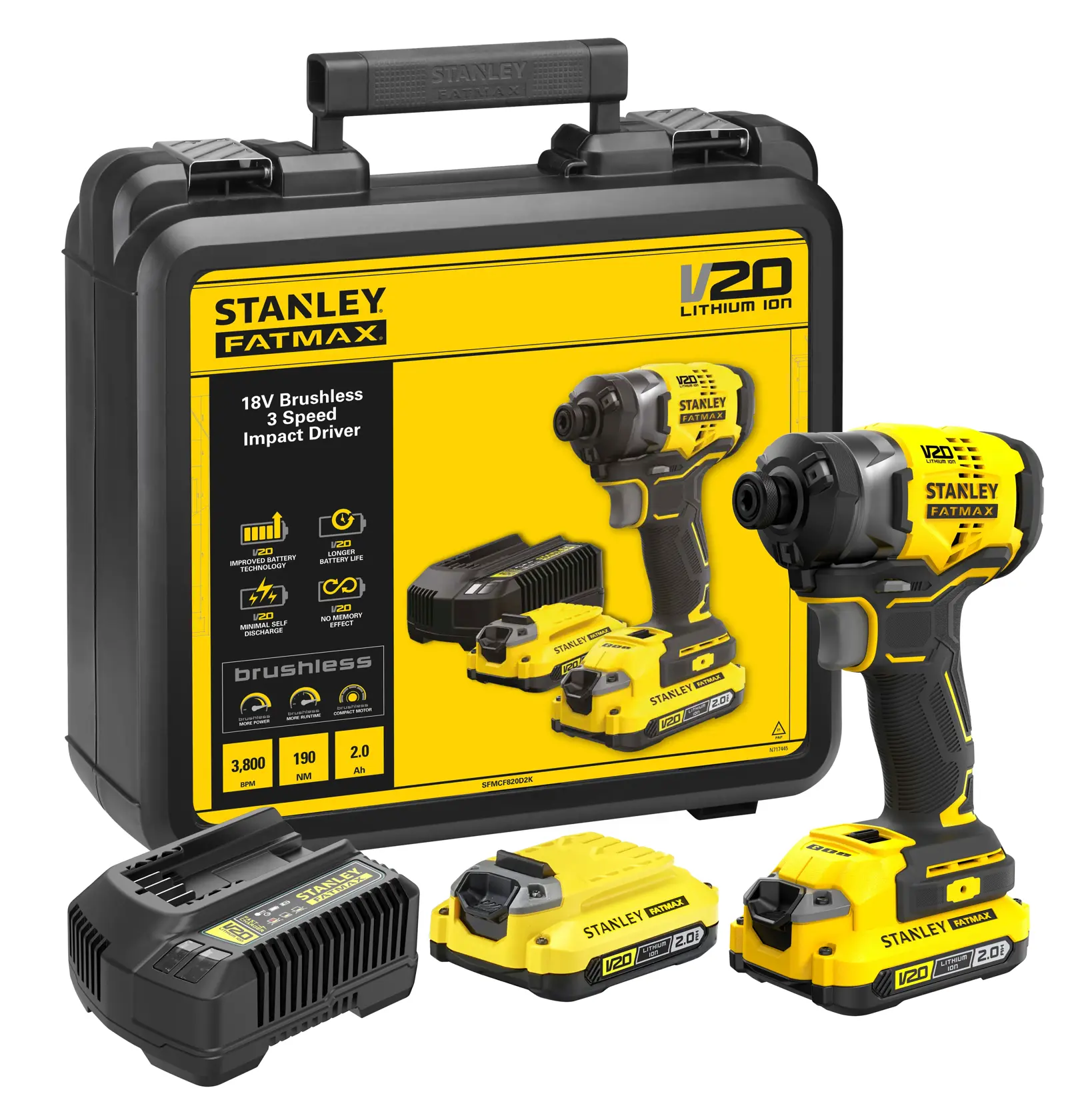STANLEY SFMCF820D2K brushless impact driver kit with batteries, charger and carry case, front angle.