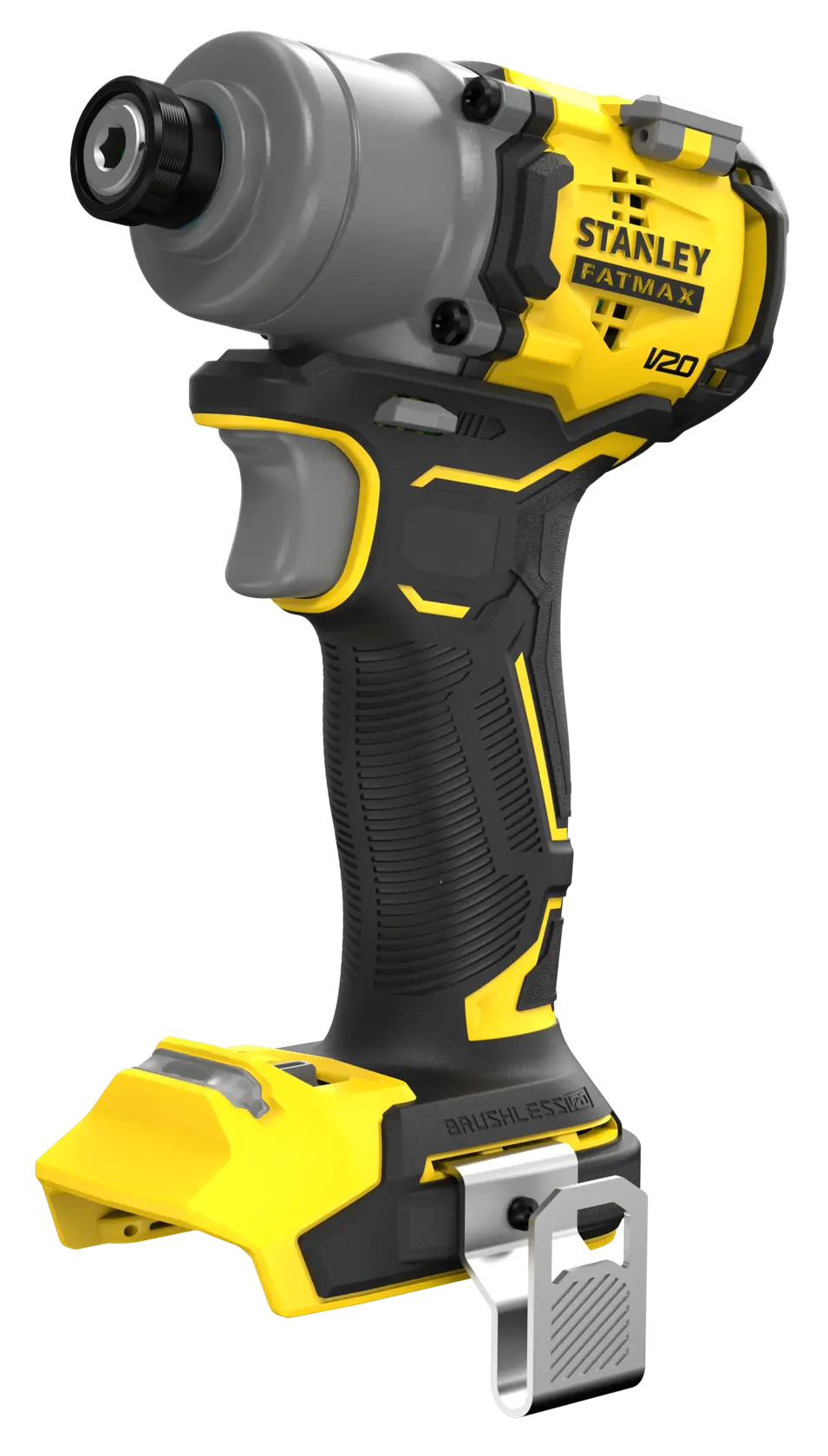 STANLEY SFMCF830B brushless impact driver, yellow and black, front left angle, photography product.