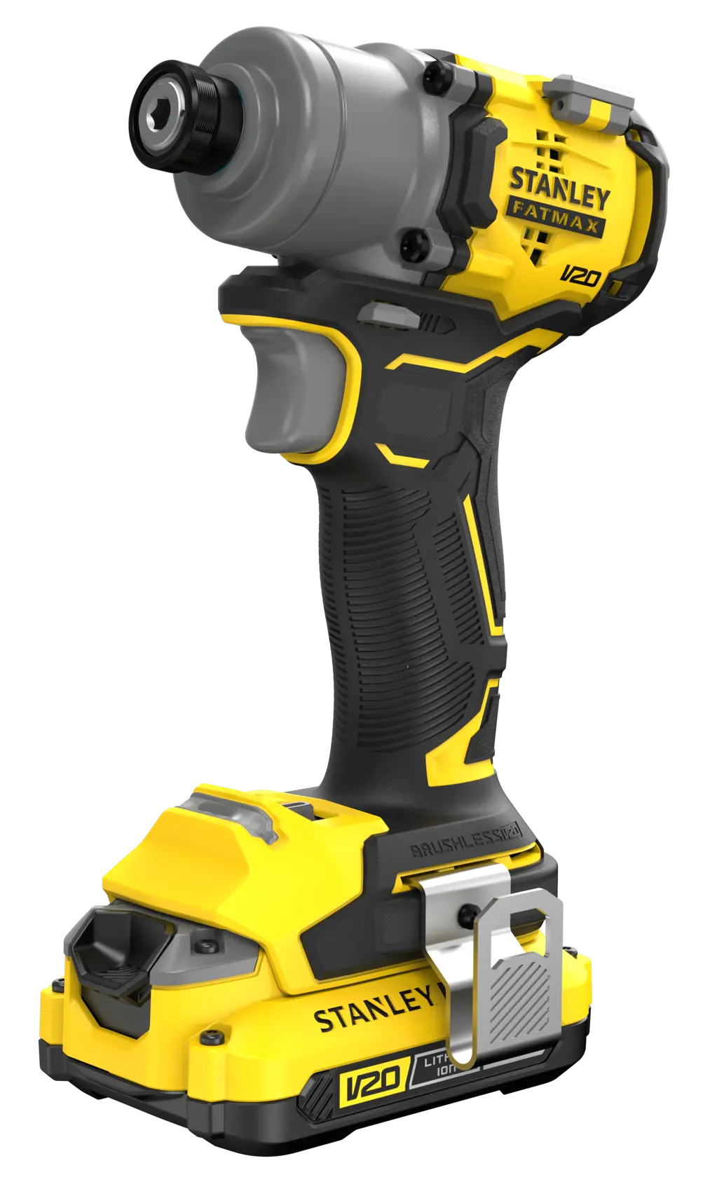 Stanley SFMCF830D2K cordless impact driver, yellow and black brushless power tool, front angled view.