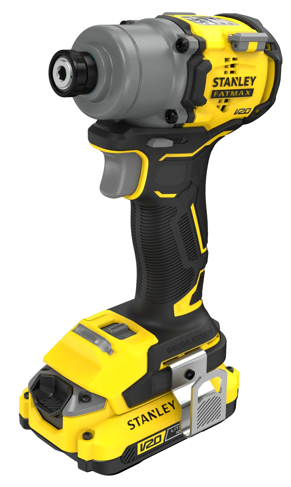 Photo of STANLEY SFMCF830D2K brushless impact driver, yellow and black, front left angle, cordless design.