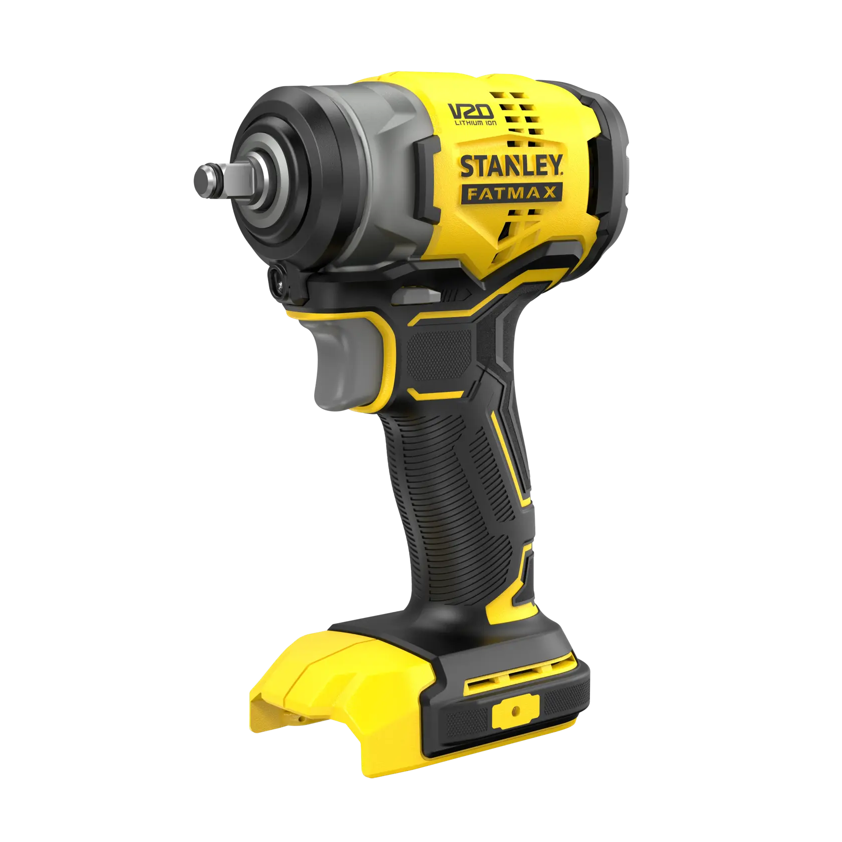 Photo of STANLEY SFMCF910B cordless impact wrench, black and yellow, angled view on white background.