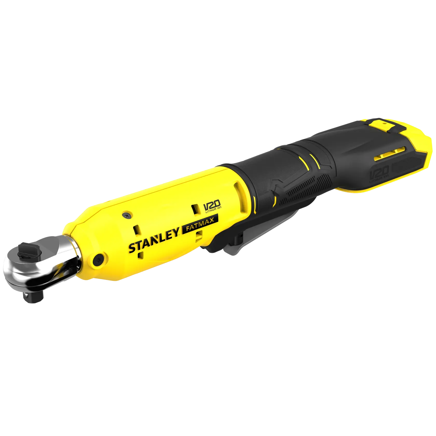 STANLEY SFMCF930B cordless ratchet tool, yellow and black, side angle, product photography.